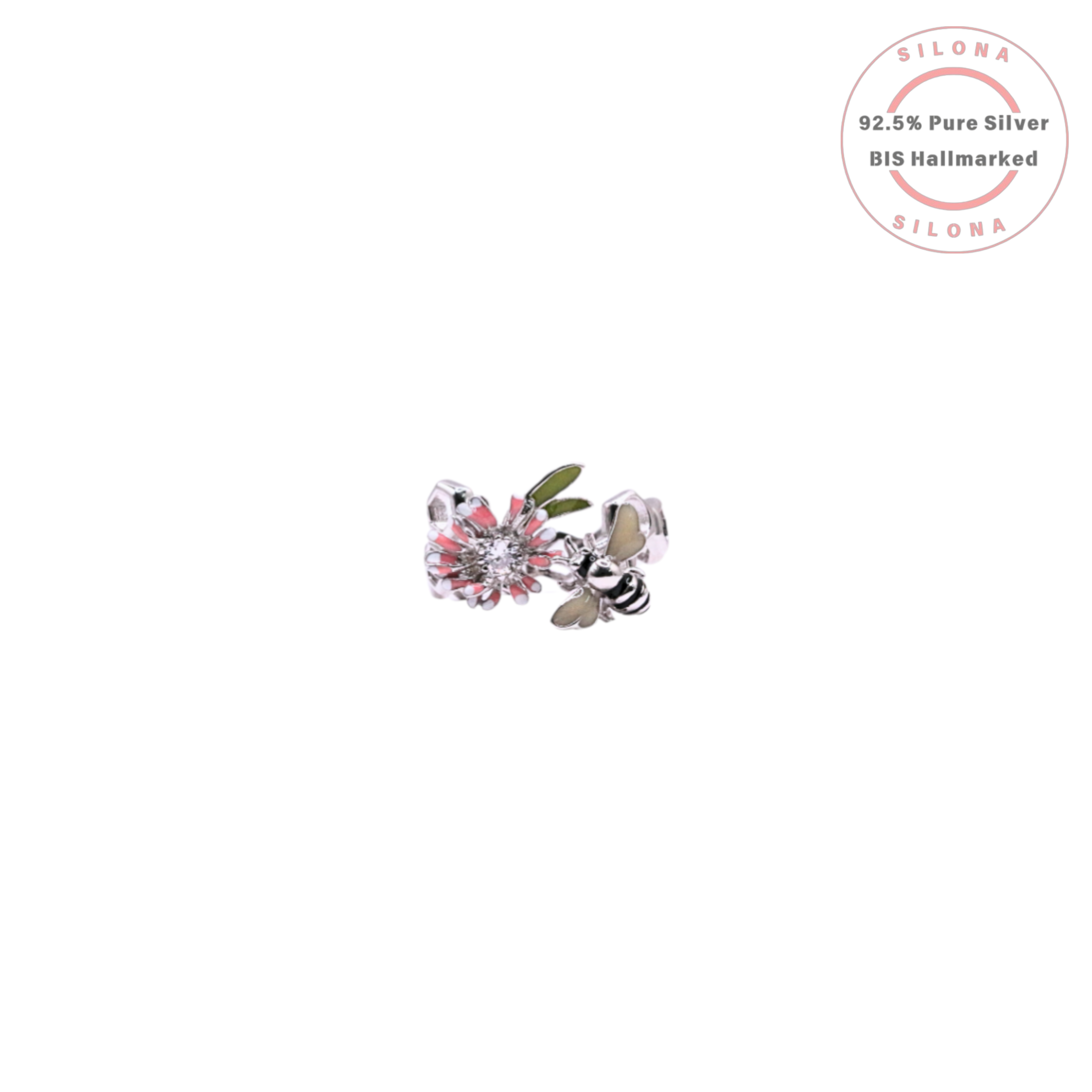 A silver honeycomb band ring featuring a detailed enamel bee and a pink enamel flower with a sparkling cubic zirconia center.