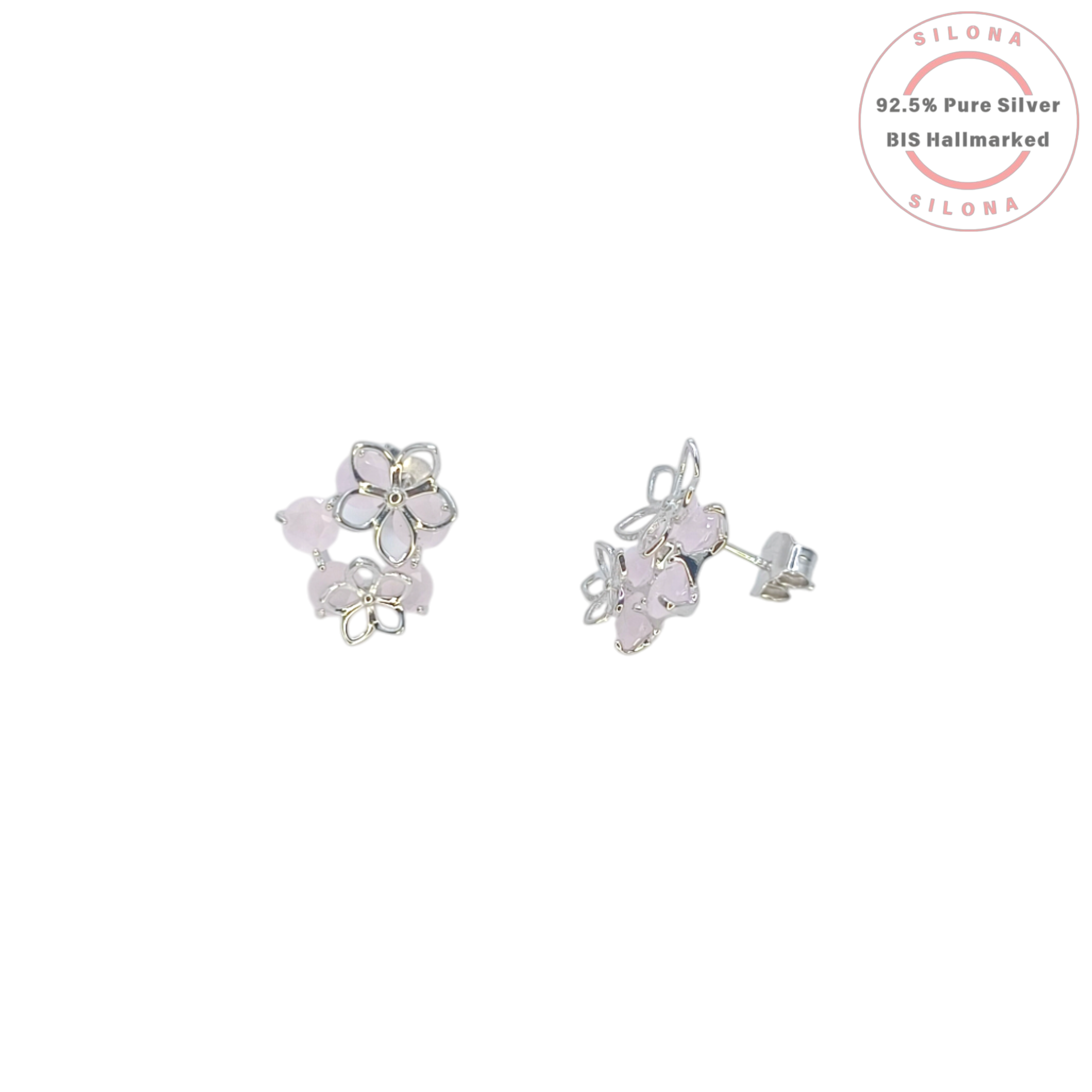 A pair of Silona Pastel Bloom Floral Cluster Stud Earrings in 92.5 silver, featuring delicate lavender-pink stones, on a white background.