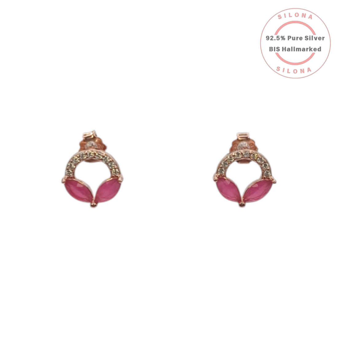 A pair of rose gold plated silver stud earrings featuring a halo of clear cubic zirconia surrounding two marquise-cut pink stones that form a petal design.