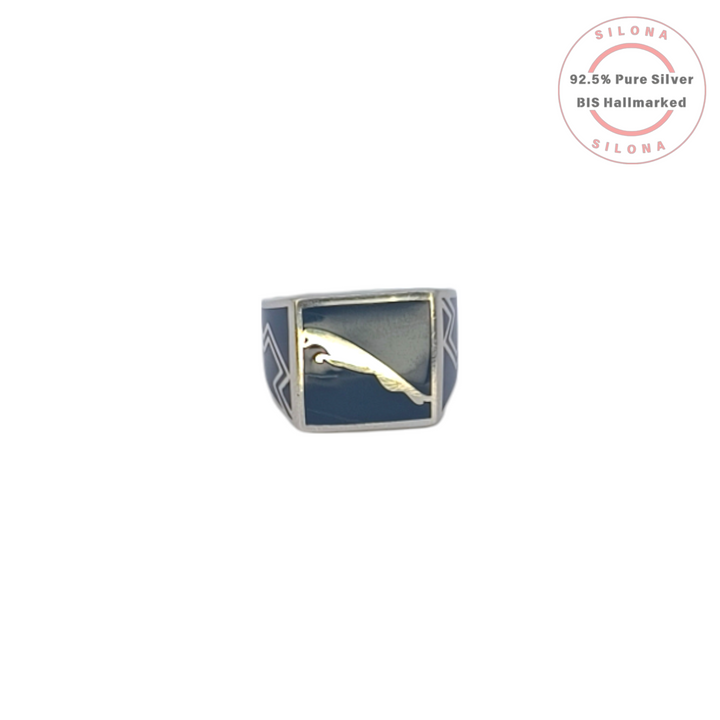 A men's signet-style ring crafted from 92.5 silver, featuring a polished silver panther motif on a navy blue enamel face.