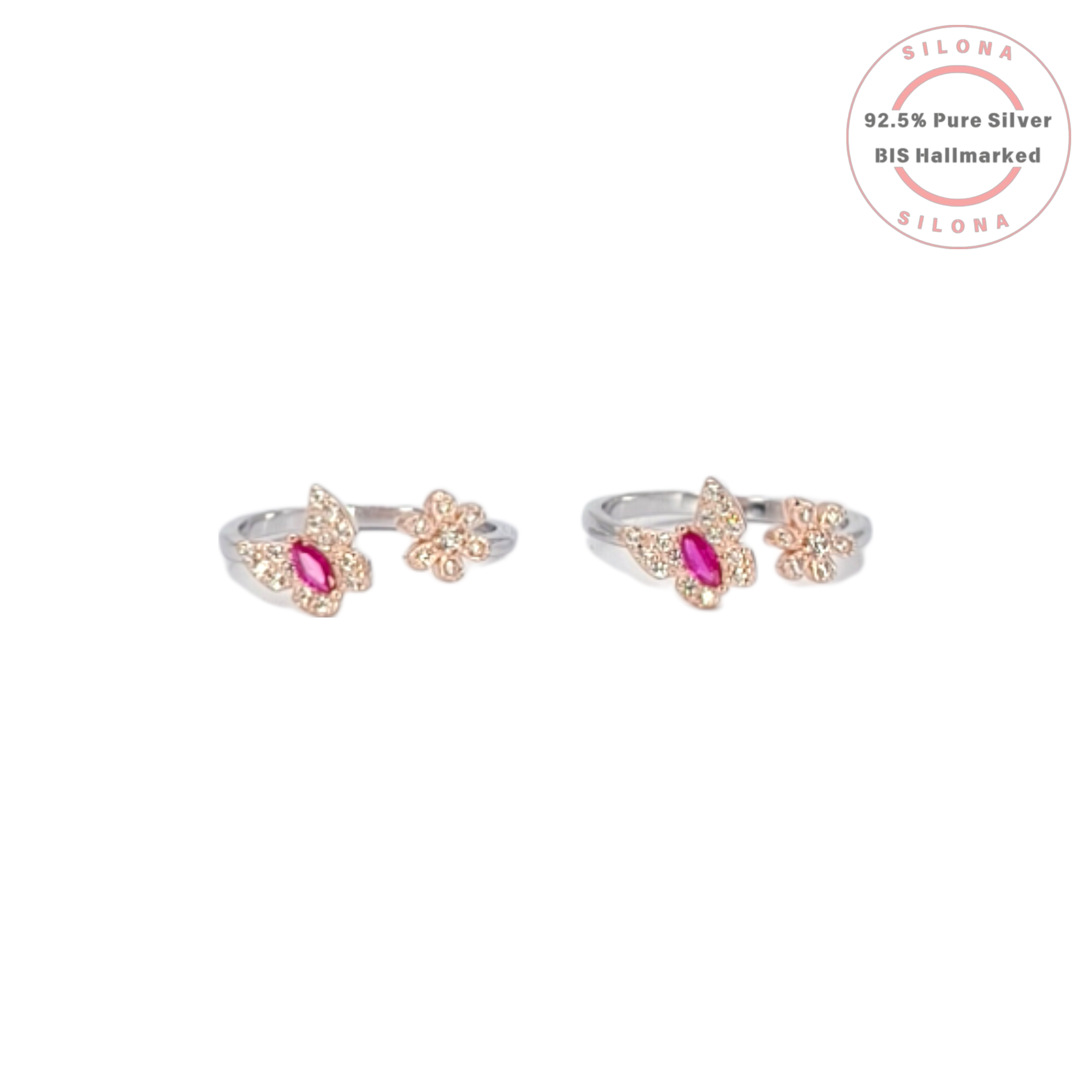 Pair of Enchanted Butterfly Toe Rings in dual-tone 92.5 silver and rose gold, featuring a ruby-hue marquise stone and cubic zirconia, on a white background.