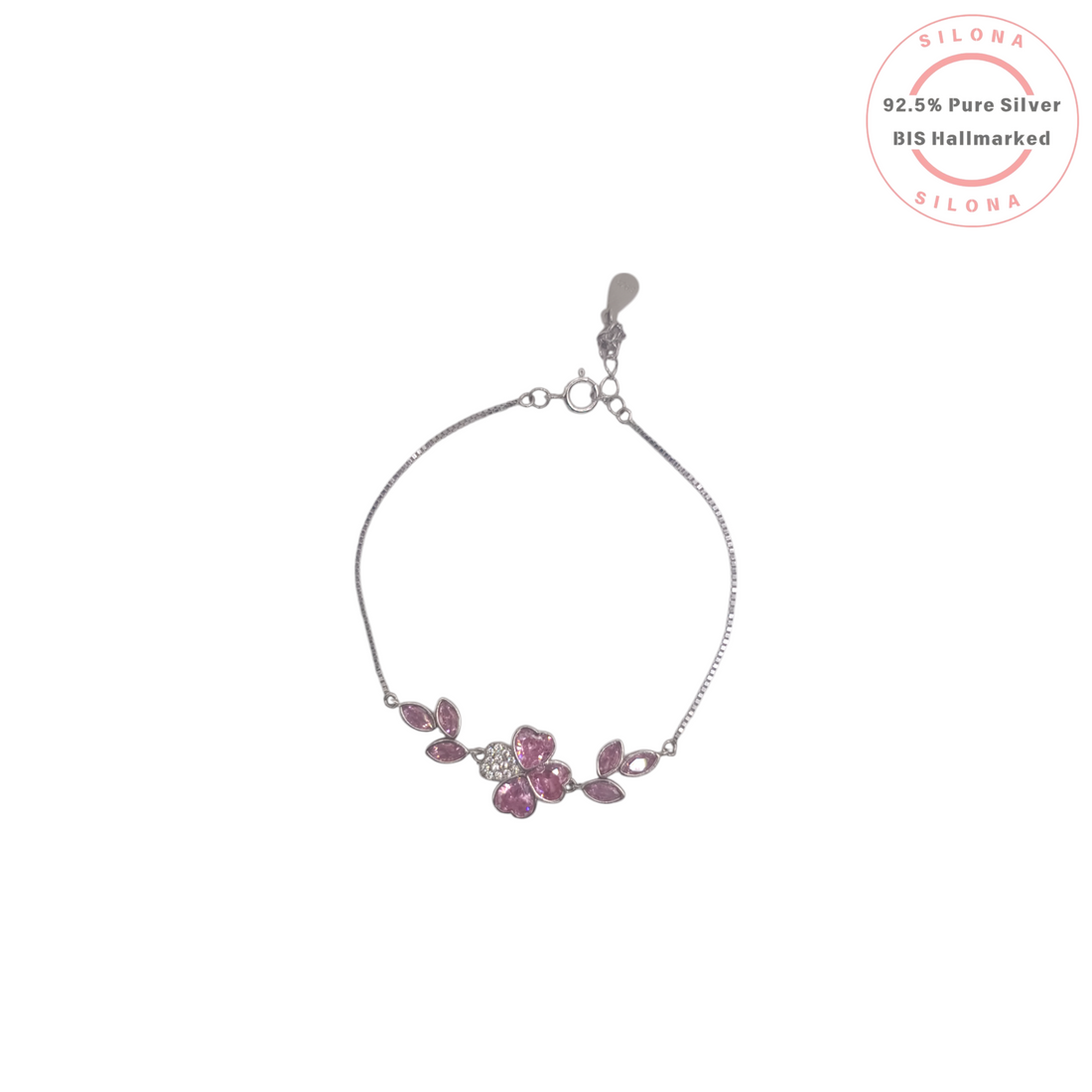 Silona's Floral Heart Petal Bracelet in 92.5 silver, featuring pink and clear cubic zirconia on a delicate box chain against a white background.