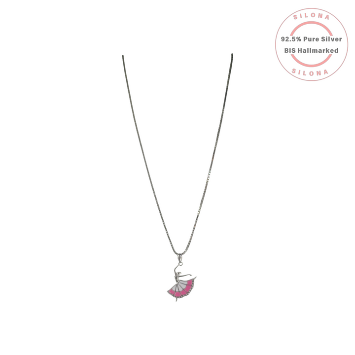 Silona's Graceful Ballerina Necklace featuring a pink and white enamel dancer pendant on a 92.5 silver box chain against a white background.