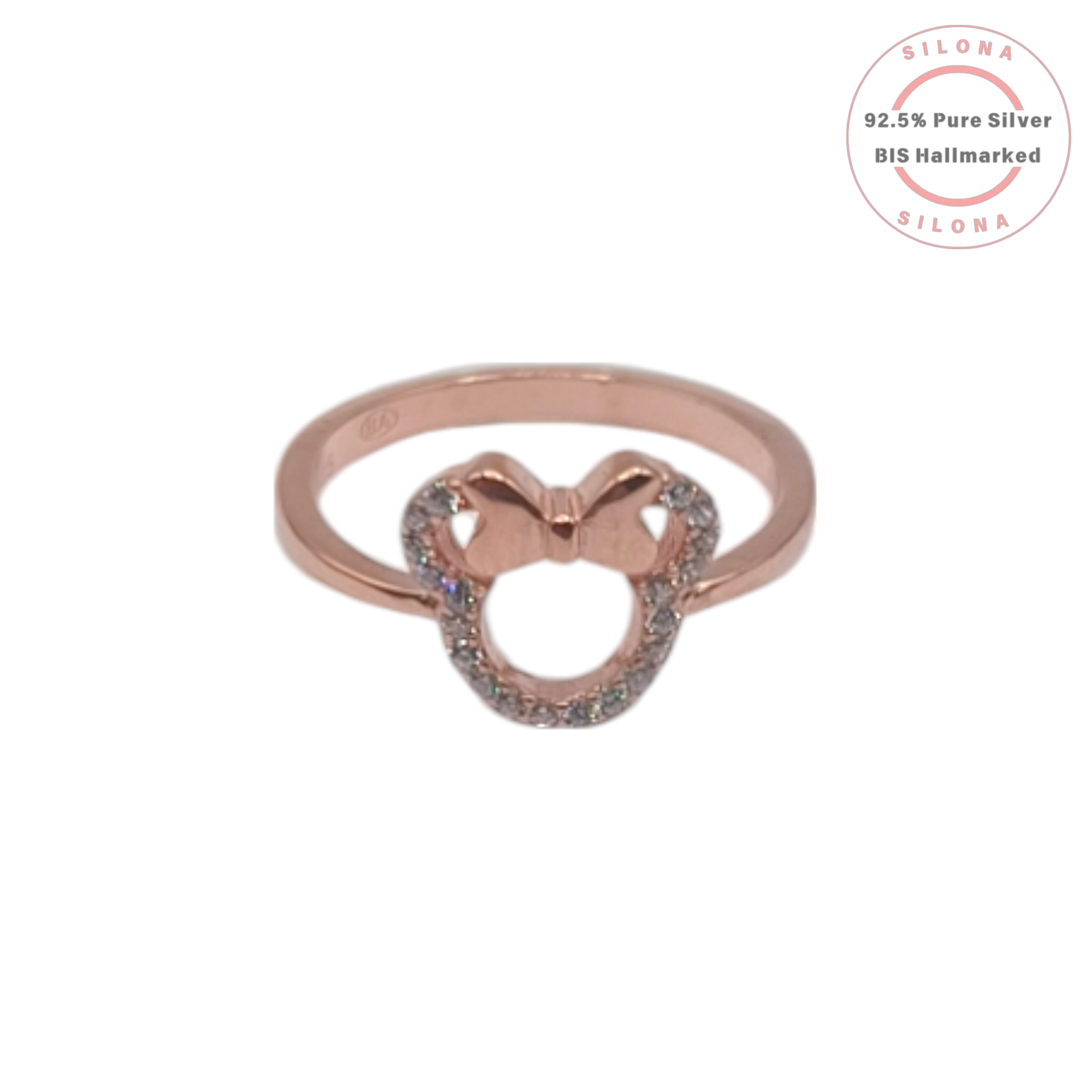 Front view of the Playful Bow Silhouette Ring in rose gold, featuring a mouse-ear shape with a bow, paved with cubic zirconia, on a white background.