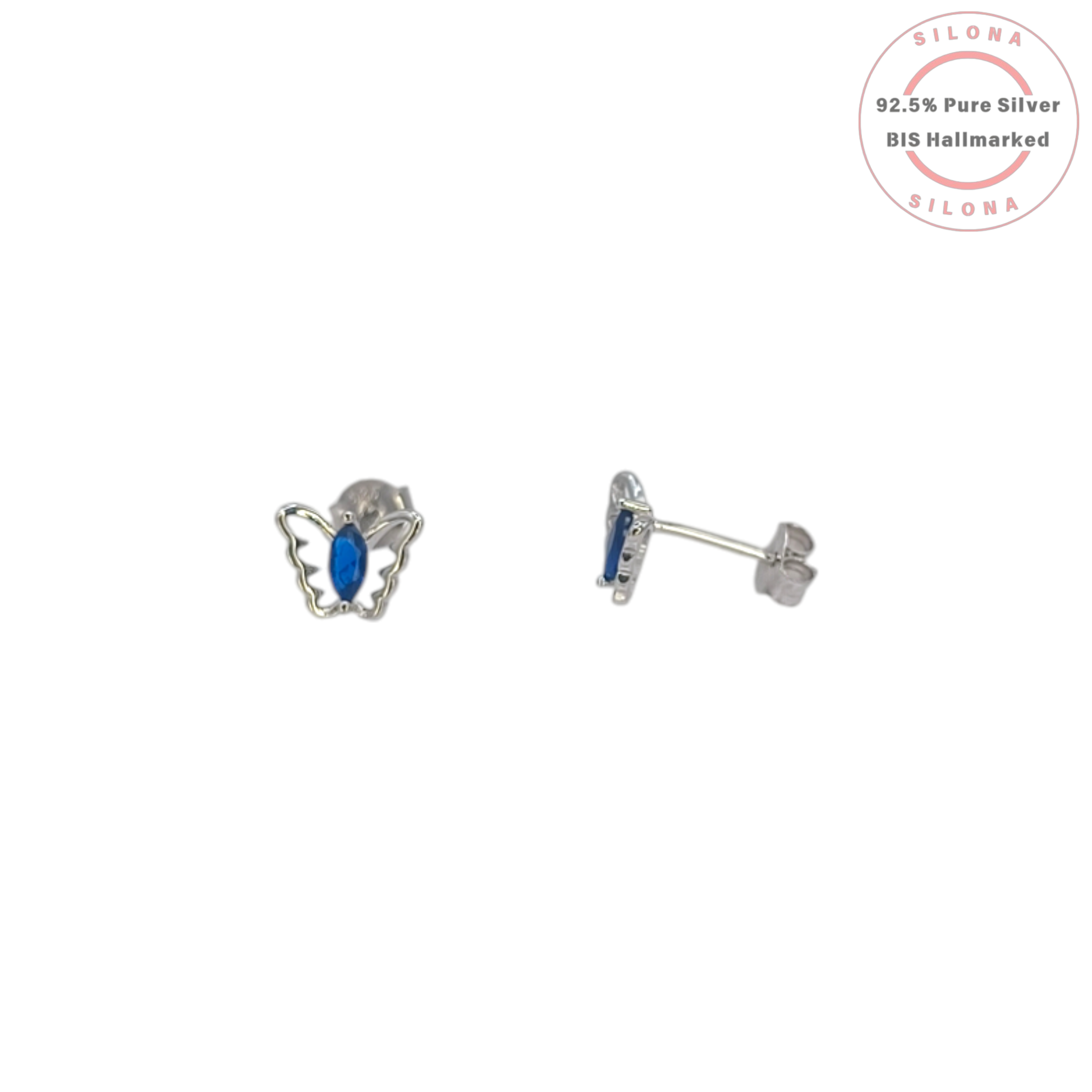 Pair of Silona silver butterfly stud earrings with a central marquise-cut sapphire-blue stone on a white background.