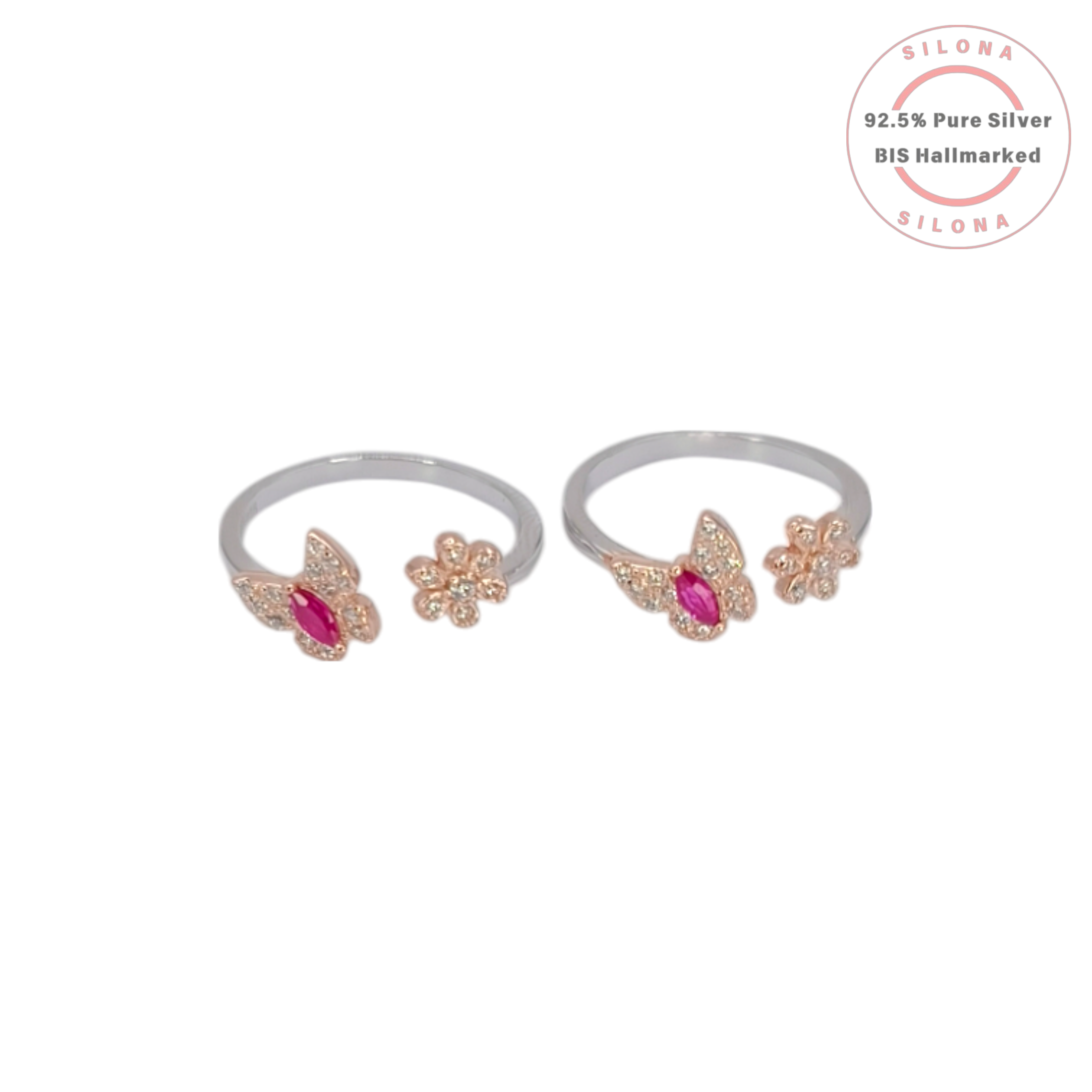 Pair of Enchanted Butterfly Toe Rings in dual-tone 92.5 silver and rose gold, featuring a ruby-hue marquise stone and cubic zirconia, on a white background.