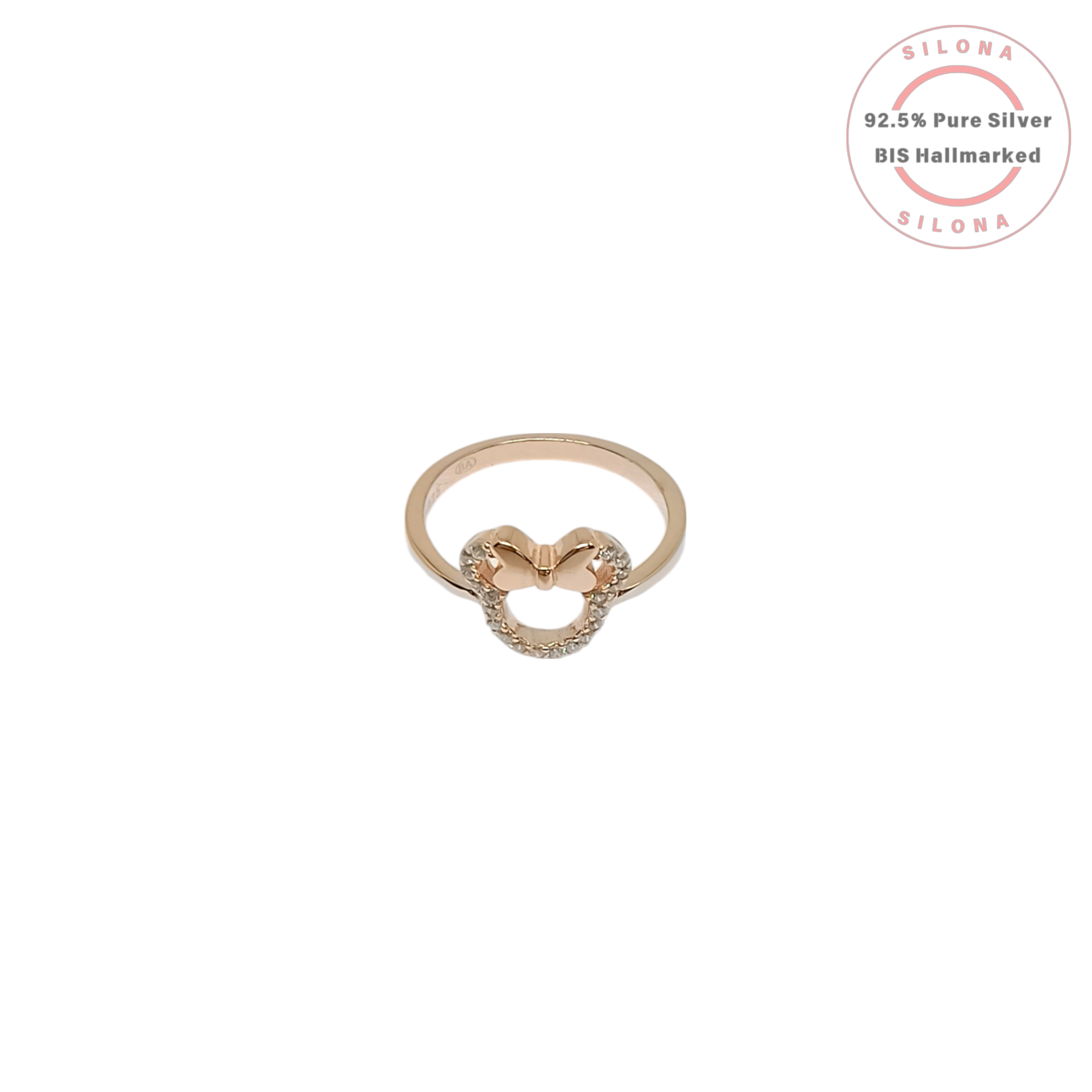 Front view of the Playful Bow Silhouette Ring in rose gold, featuring a mouse-ear shape with a bow, paved with cubic zirconia, on a white background.