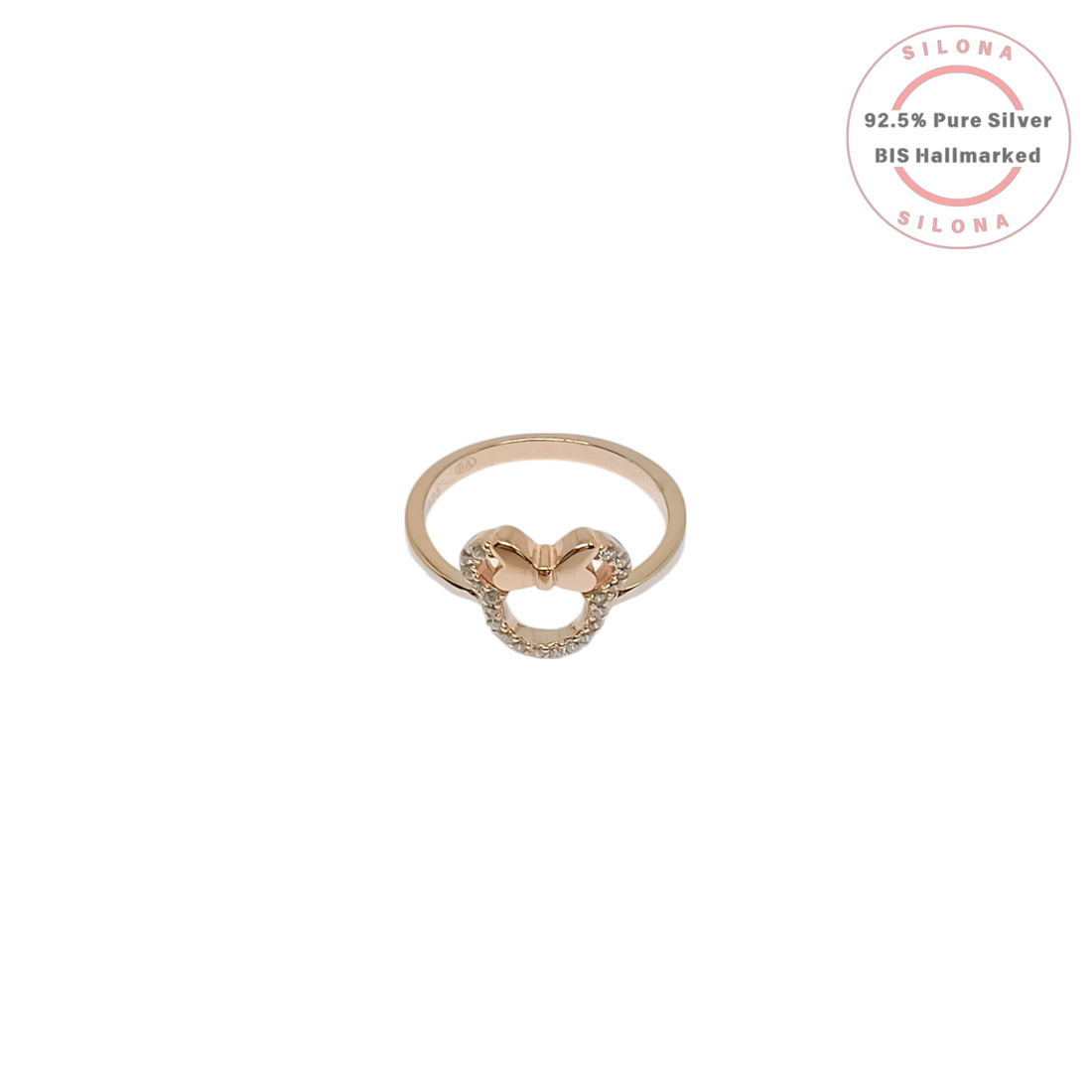 Front view of the Playful Bow Silhouette Ring in rose gold, featuring a mouse-ear shape with a bow, paved with cubic zirconia, on a white background.