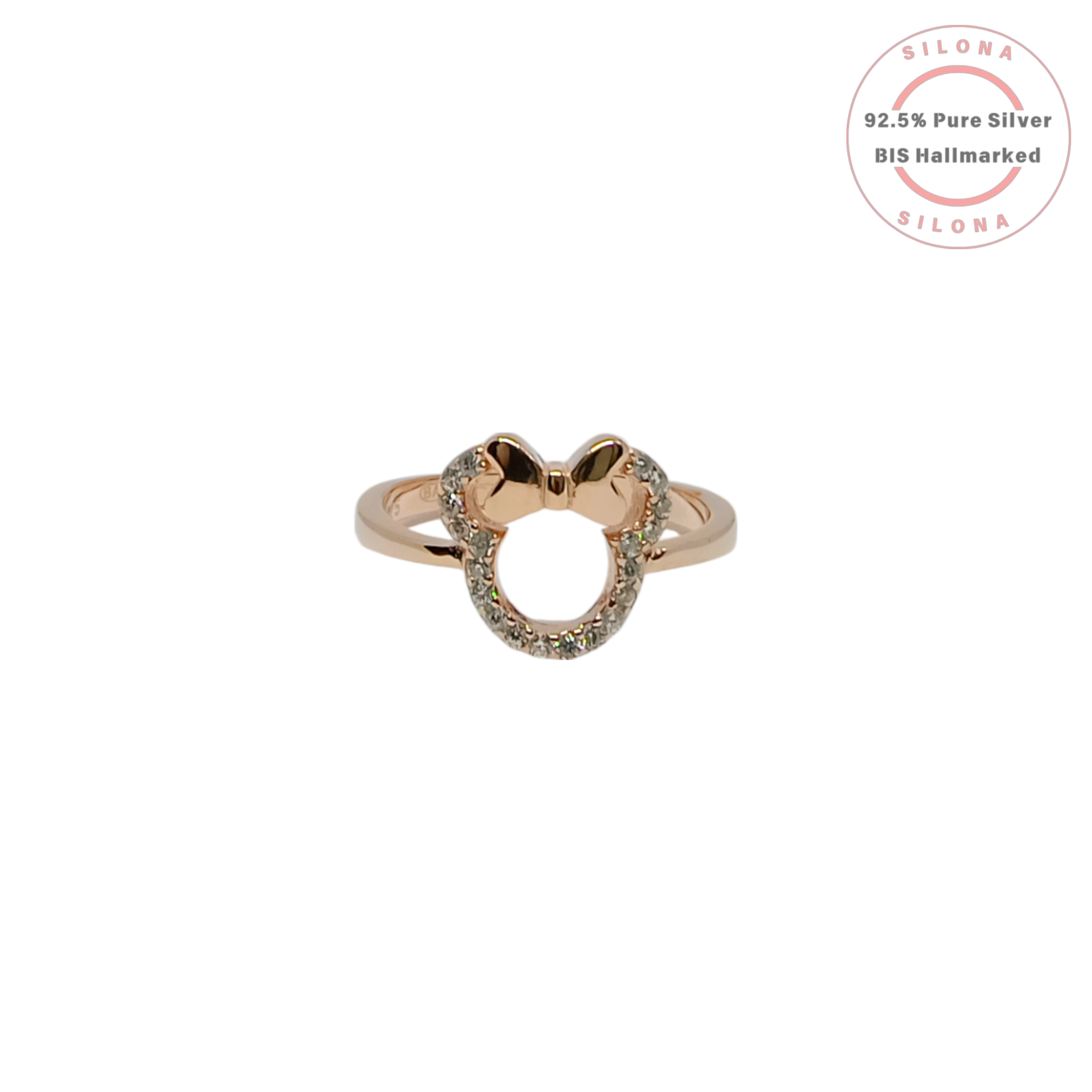 Front view of the Playful Bow Silhouette Ring in rose gold, featuring a mouse-ear shape with a bow, paved with cubic zirconia, on a white background.