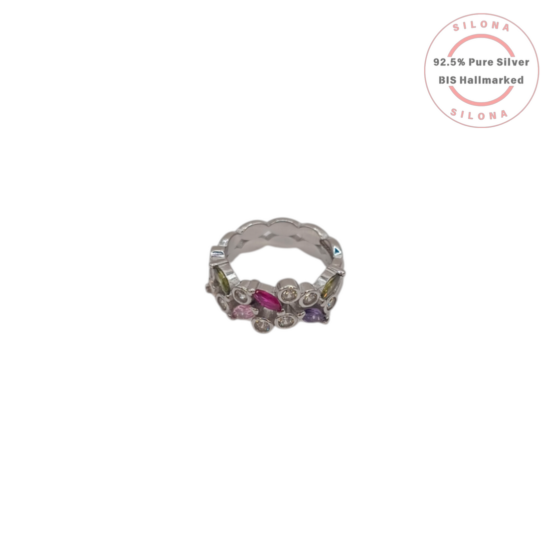 Silona Confetti Cluster Ring featuring multi-colored marquise and round cubic zirconia stones, set on a 92.5 sterling silver band, shown on a white background.