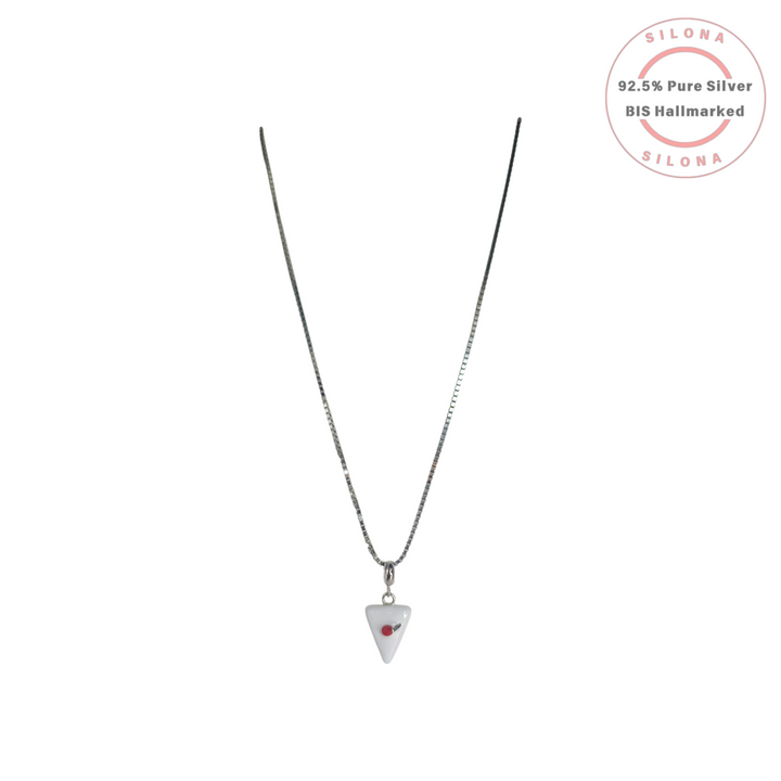 Silona Minimalist Pendant Necklace with a white triangular enamel charm on a pure 92.5 silver box chain.