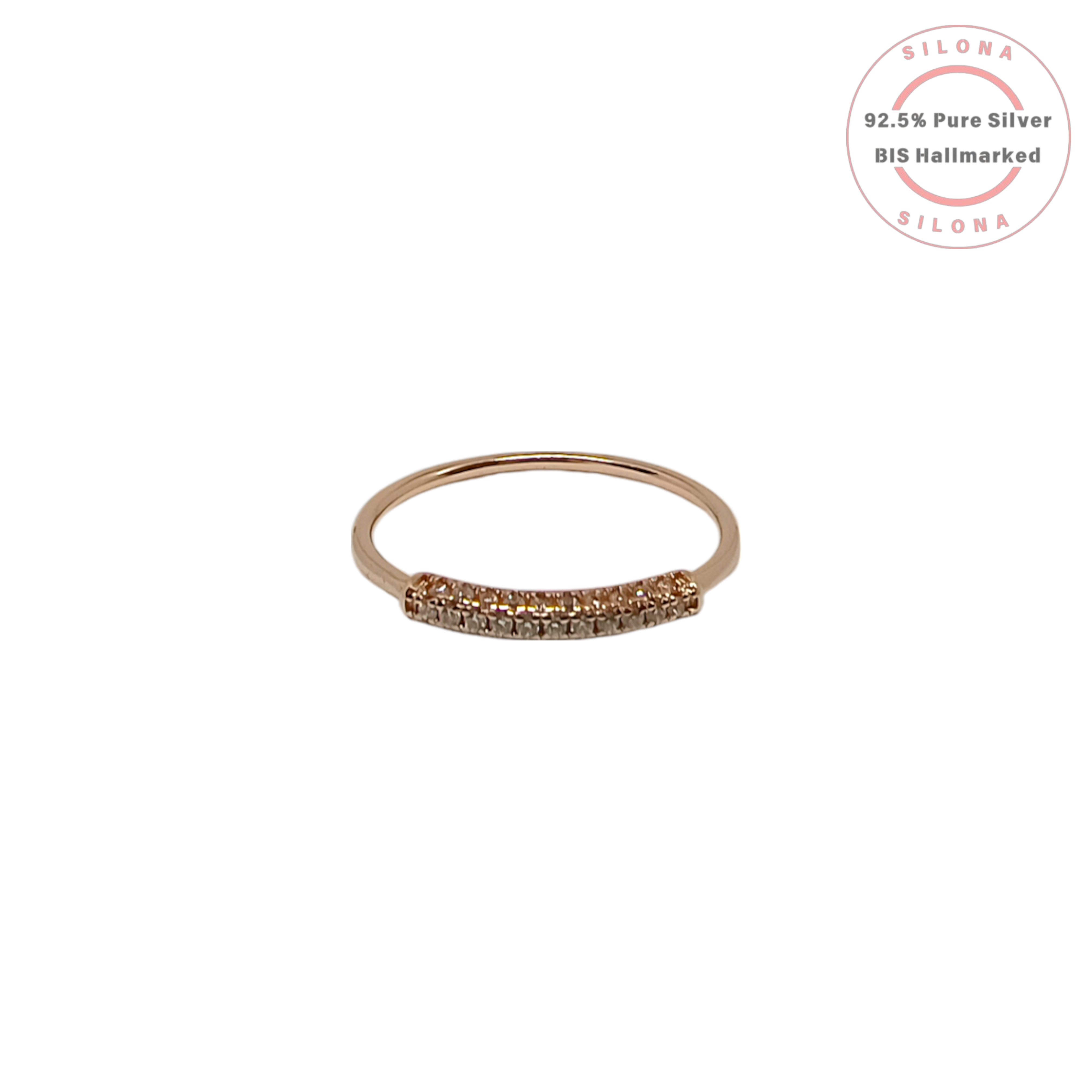 A minimalist pavé bar ring with champagne cubic zirconia, crafted in rose gold plated 92.5 silver, shown on a white background.