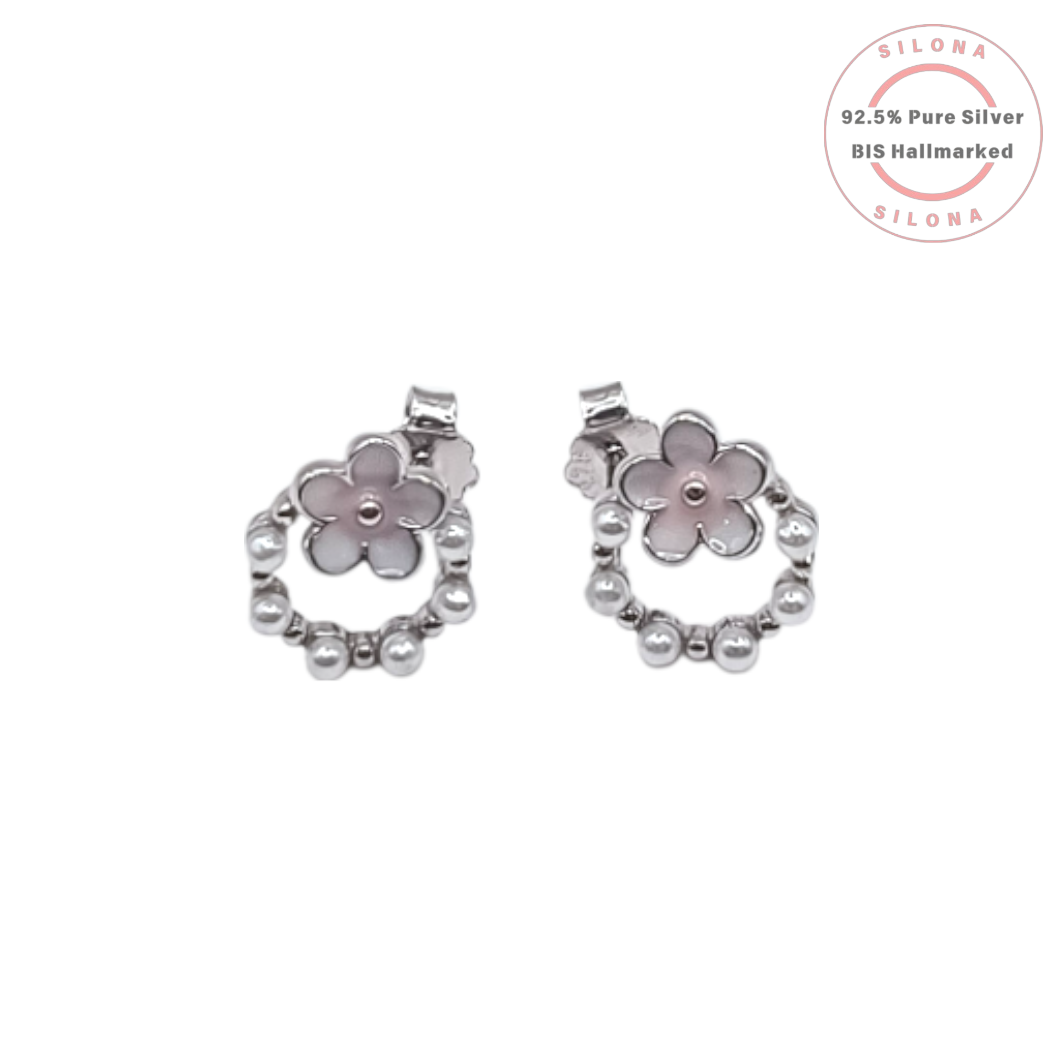 Front view of Silona's Dainty Mother of Pearl Flower Hoop Earrings in 92.5 sterling silver on a white background.