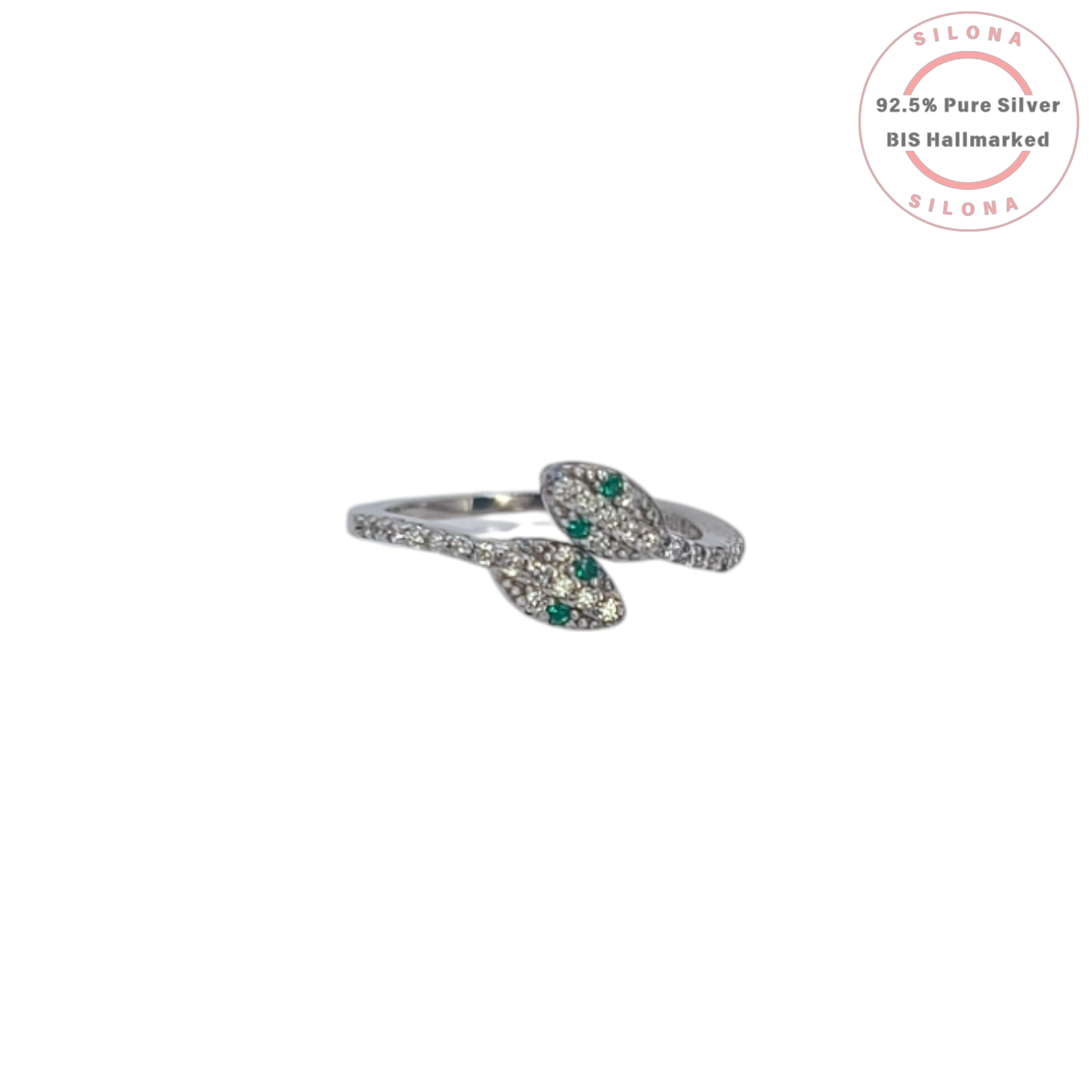 Silona Pave Serpent Ring in 92.5 silver with two snake heads, pavé cubic zirconia, and emerald-hue stone eyes, on a white background.