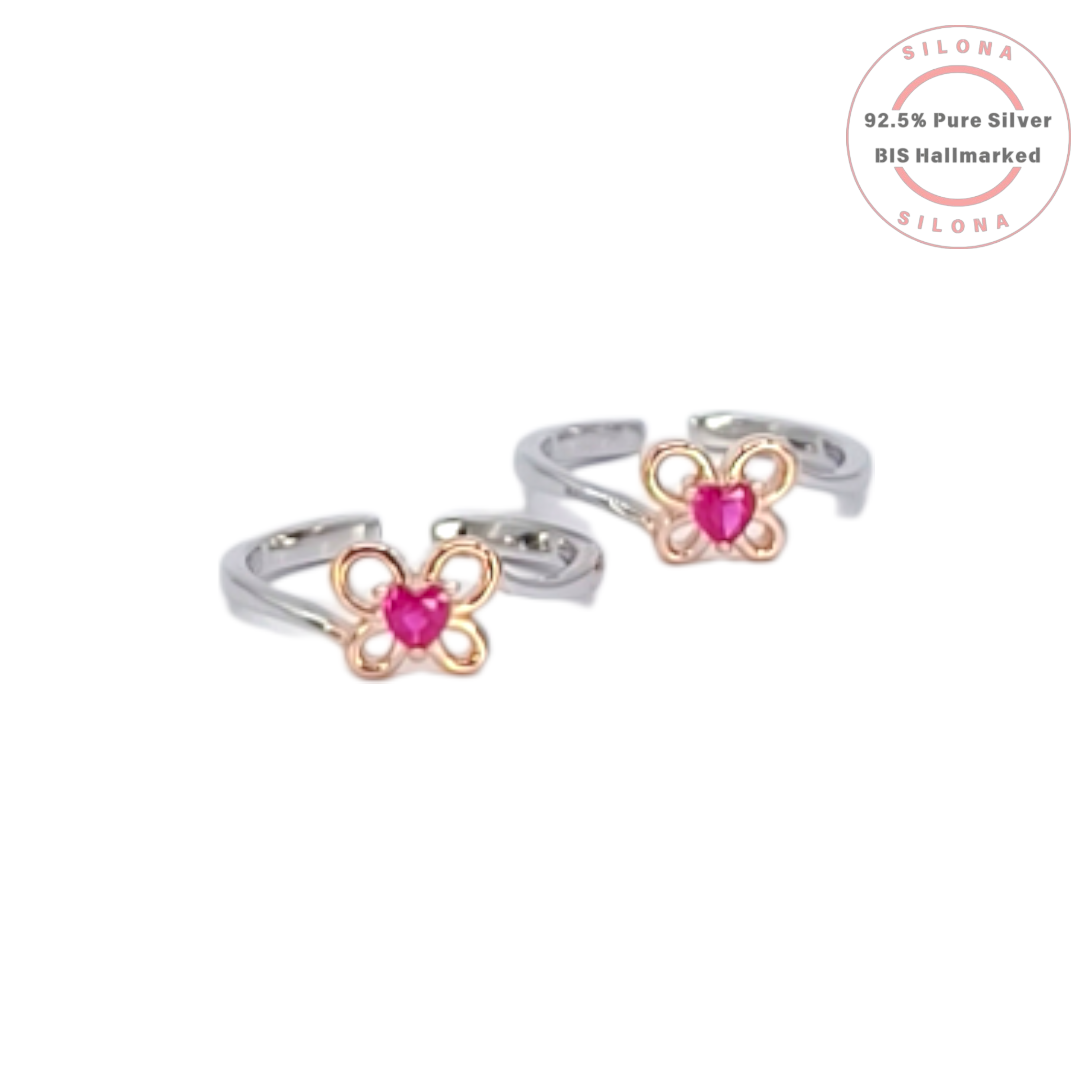 A pair of Silona silver toe rings featuring a rose gold butterfly design with a central pink heart-shaped stone, shown on a white background.