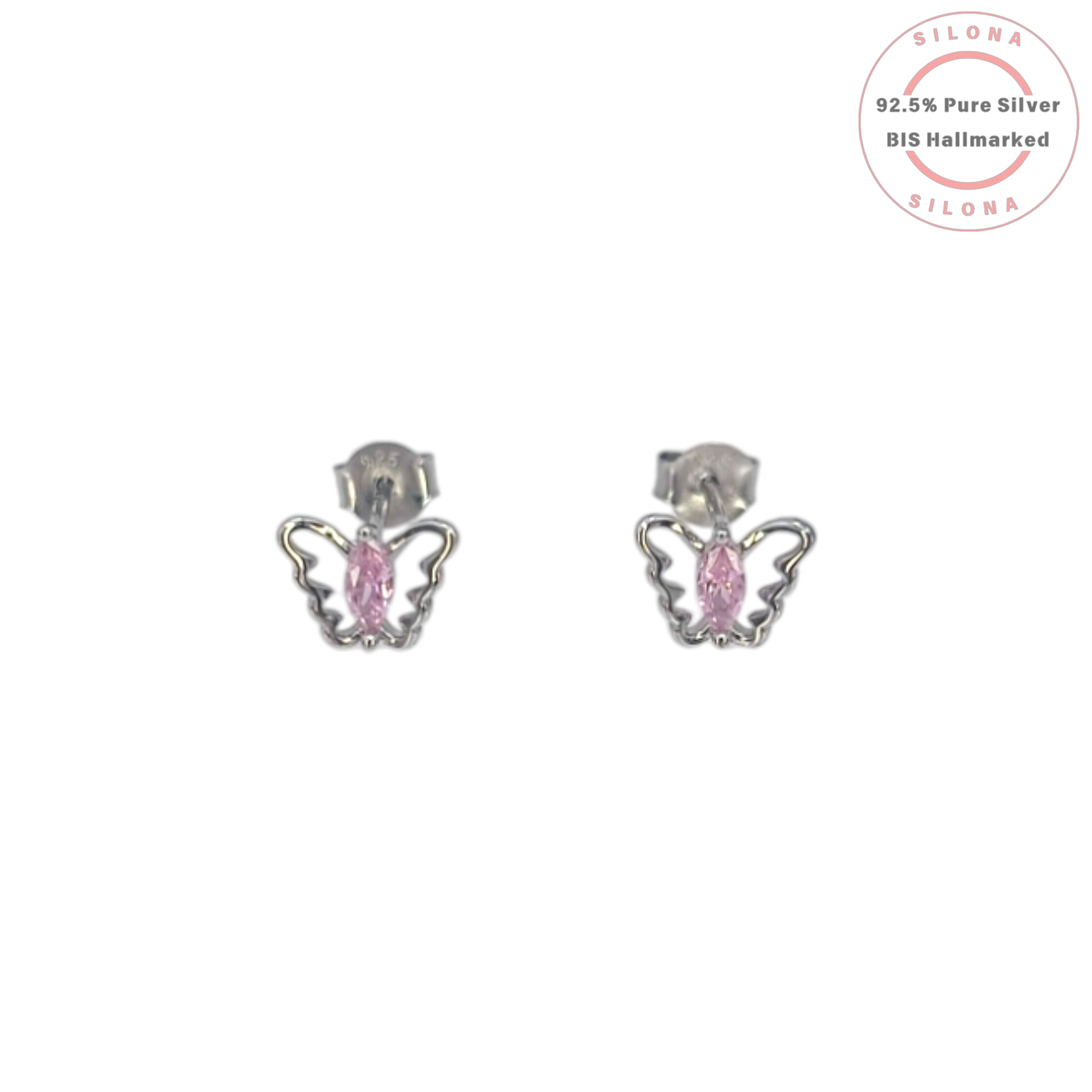 Pair of Silona silver butterfly stud earrings with marquise-cut pink cubic zirconia stones, on a white background.