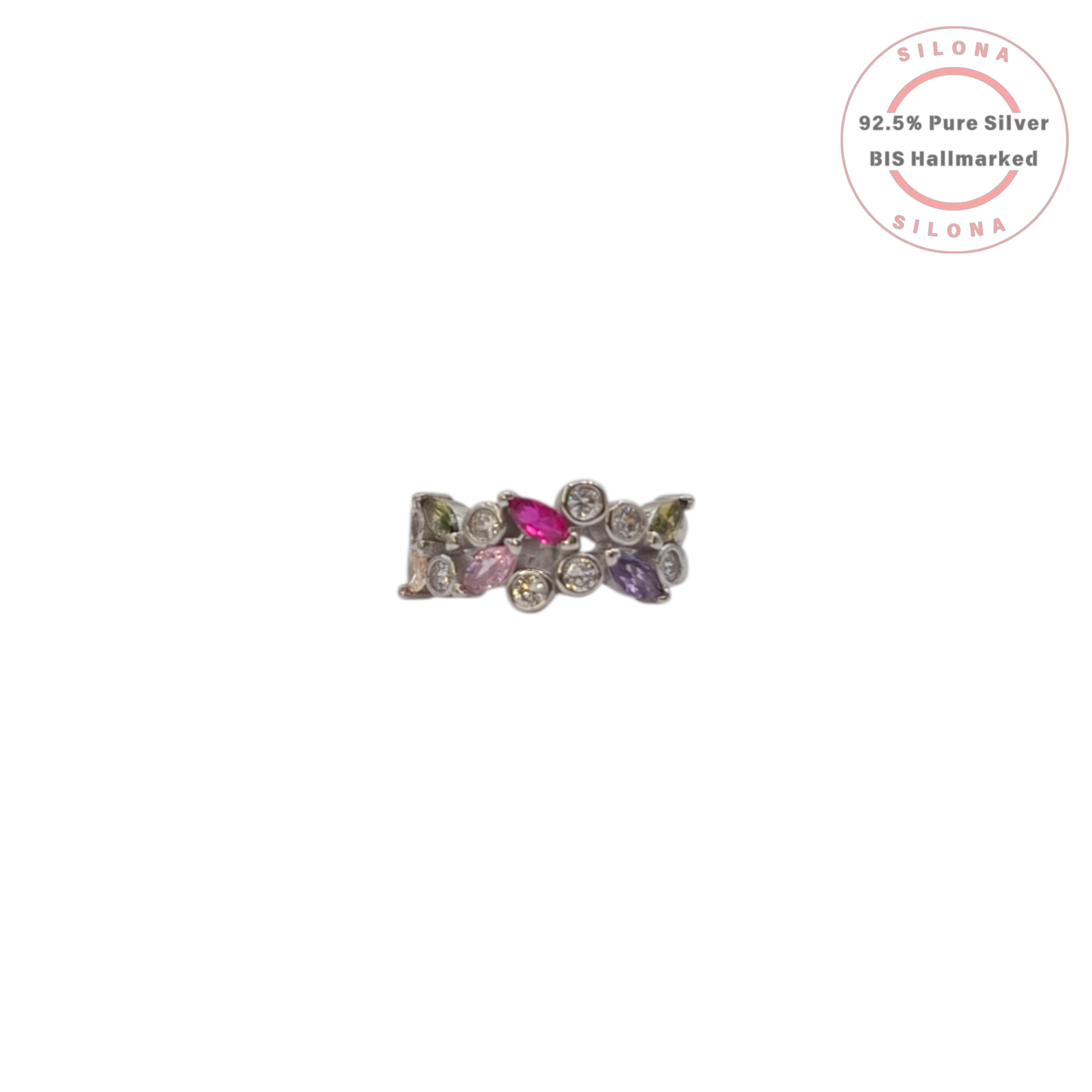 Silona Confetti Cluster Ring featuring multi-colored marquise and round cubic zirconia stones, set on a 92.5 sterling silver band, shown on a white background.