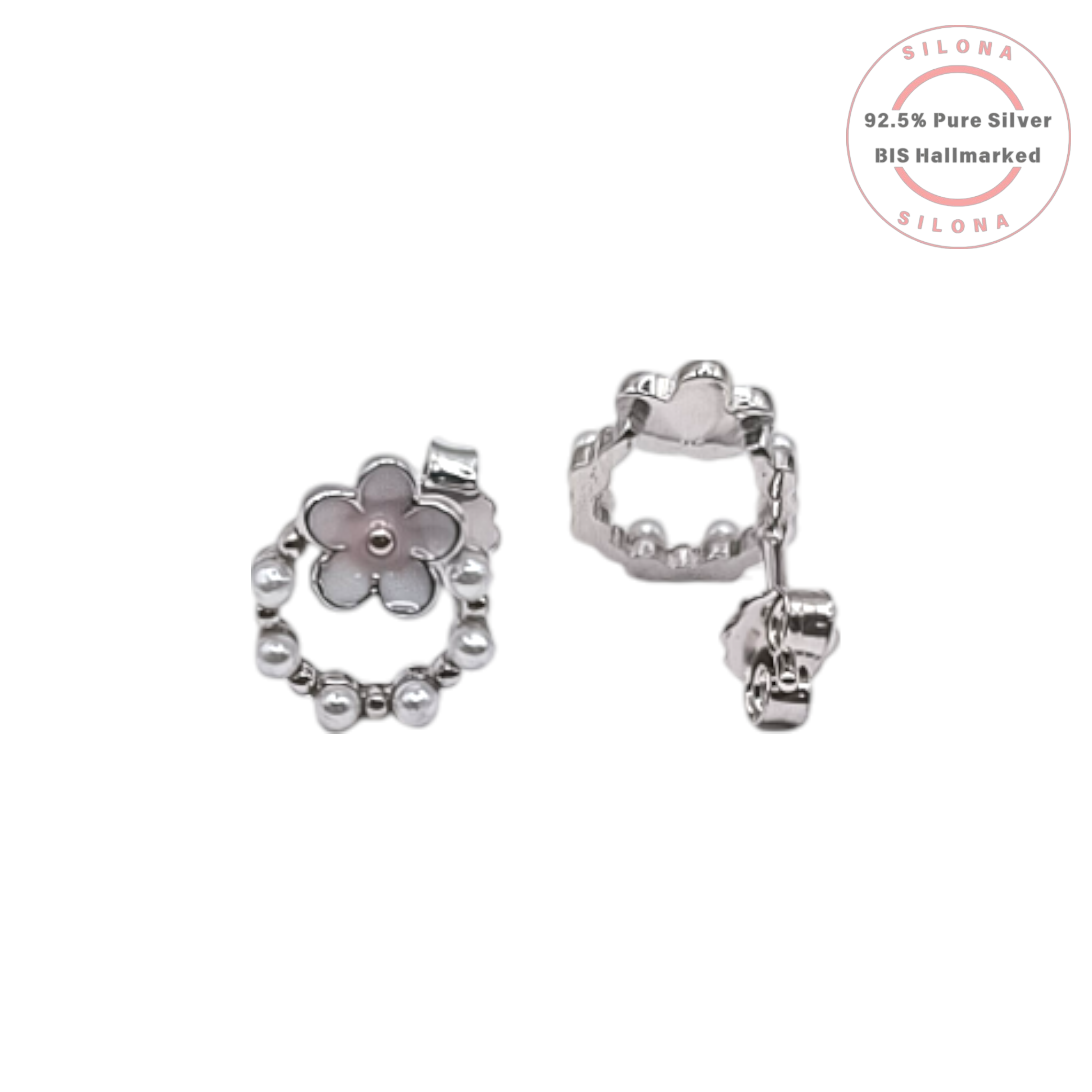 Front view of Silona's Dainty Mother of Pearl Flower Hoop Earrings in 92.5 sterling silver on a white background.