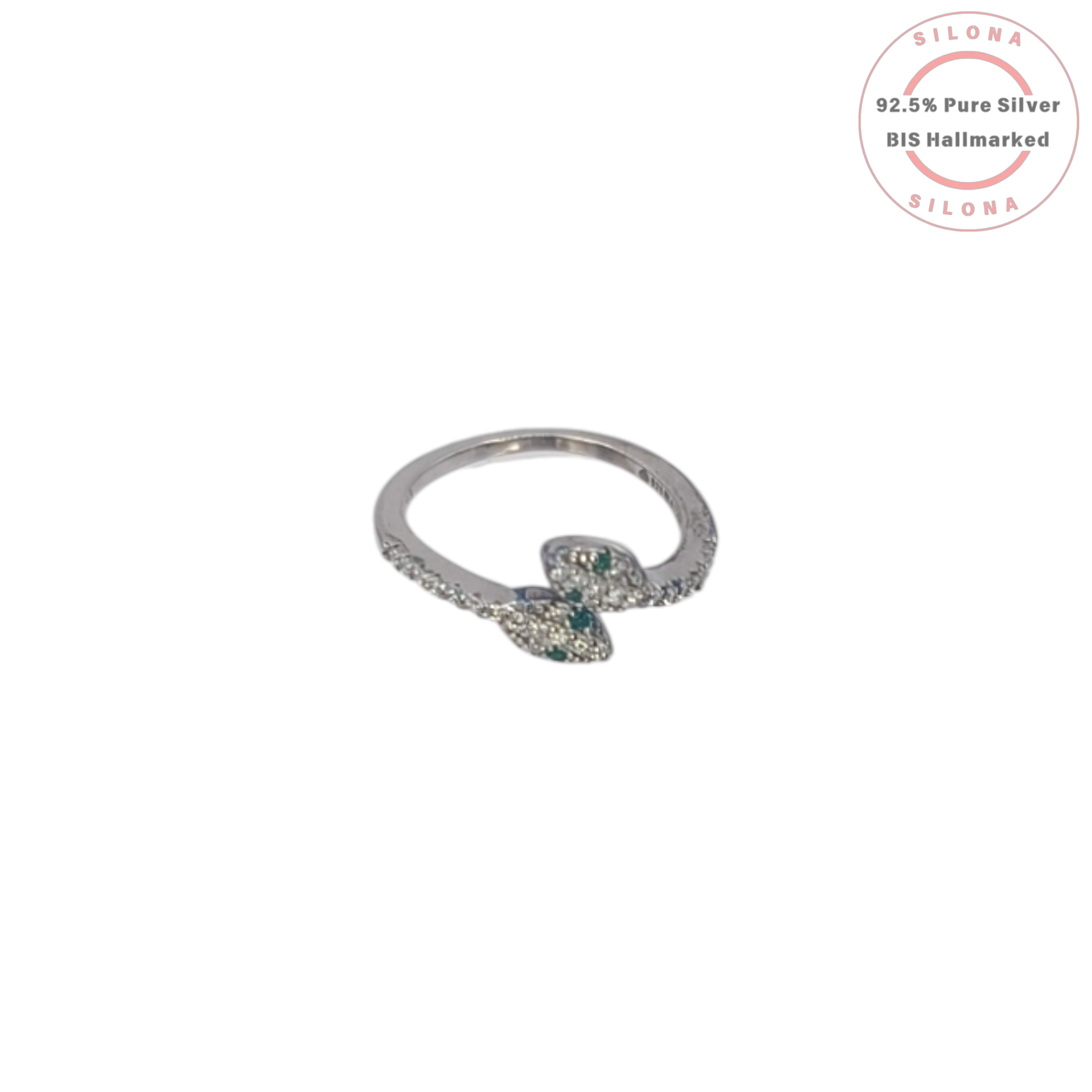 Silona Pave Serpent Ring in 92.5 silver with two snake heads, pavé cubic zirconia, and emerald-hue stone eyes, on a white background.