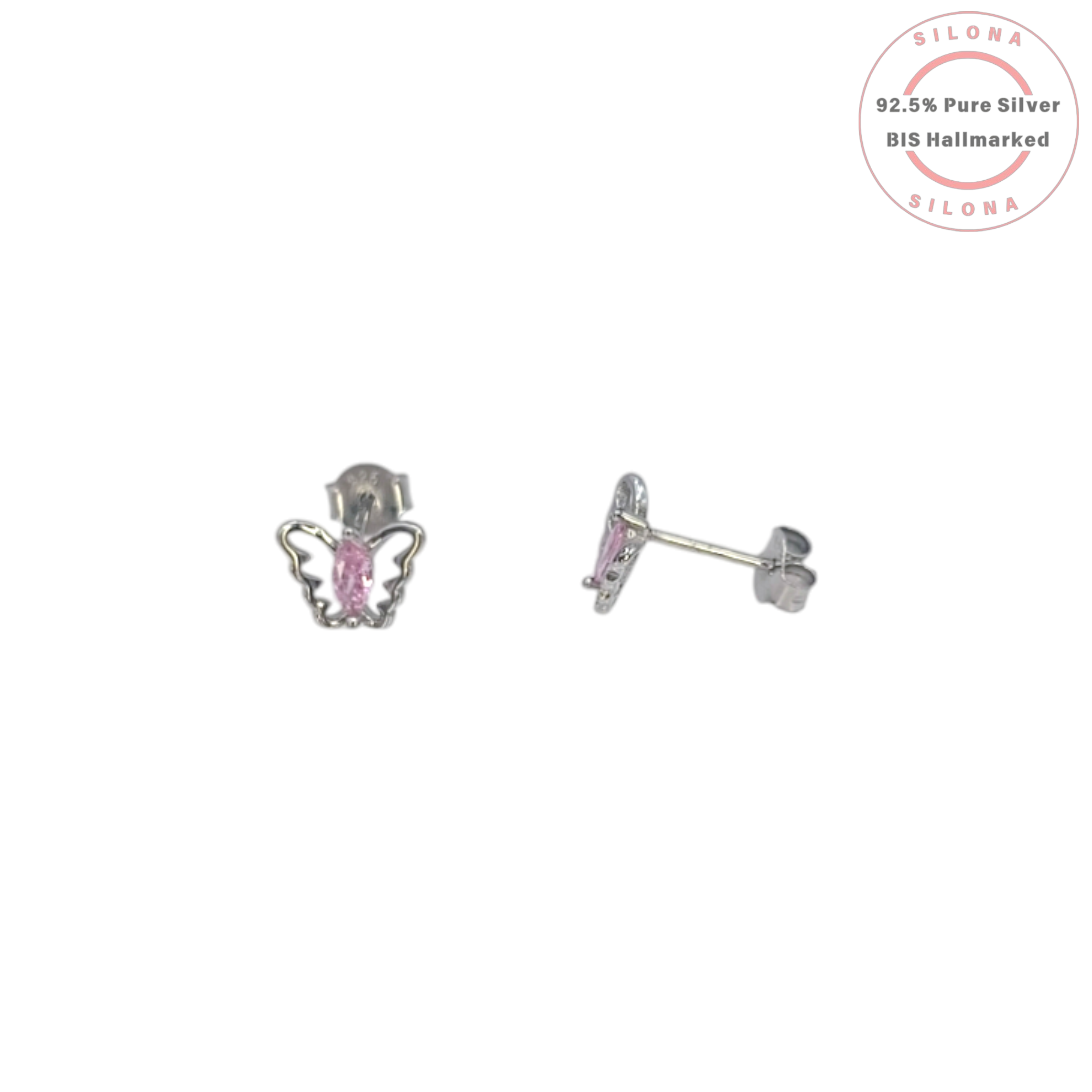 Pair of Silona silver butterfly stud earrings with marquise-cut pink cubic zirconia stones, on a white background.