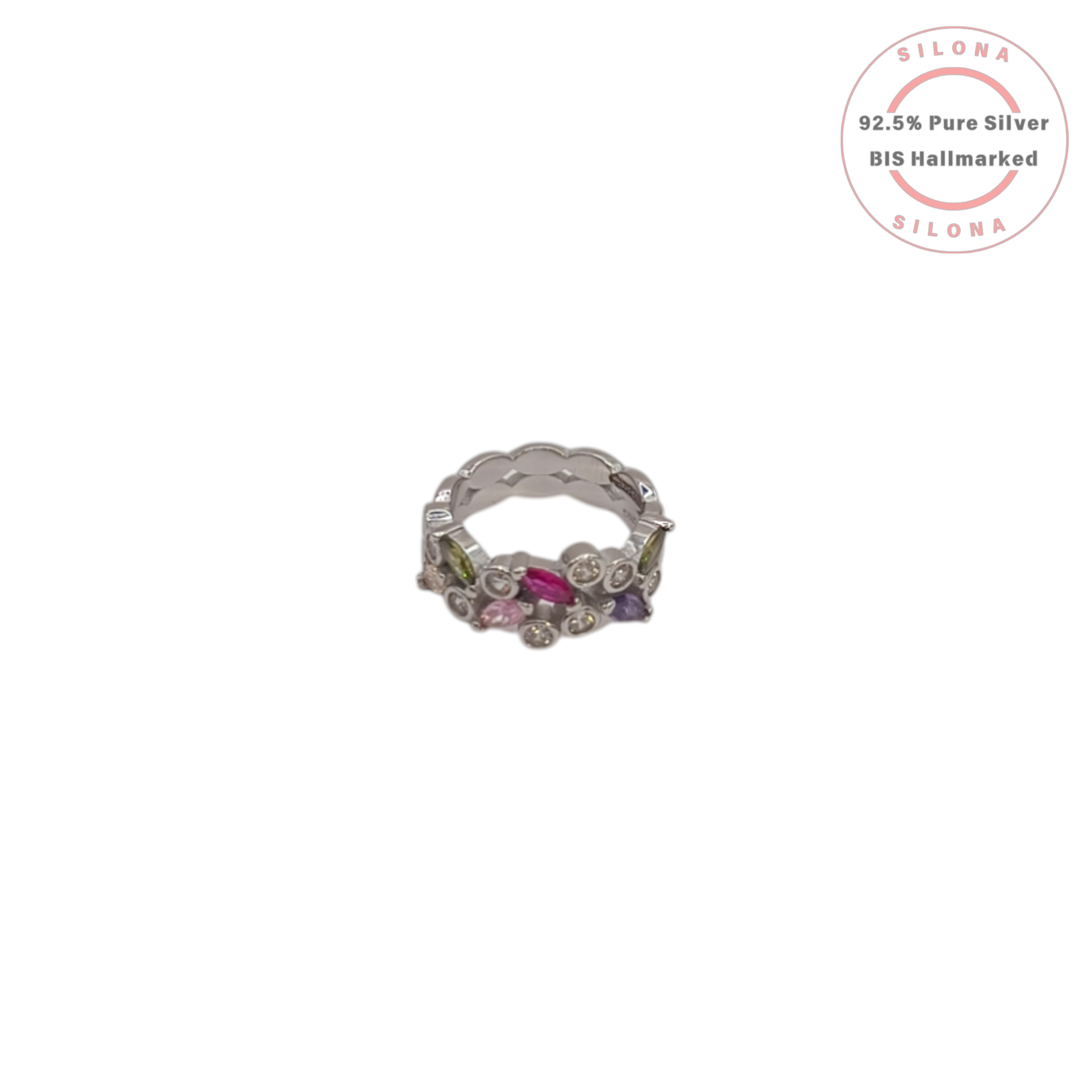 Silona Confetti Cluster Ring featuring multi-colored marquise and round cubic zirconia stones, set on a 92.5 sterling silver band, shown on a white background.
