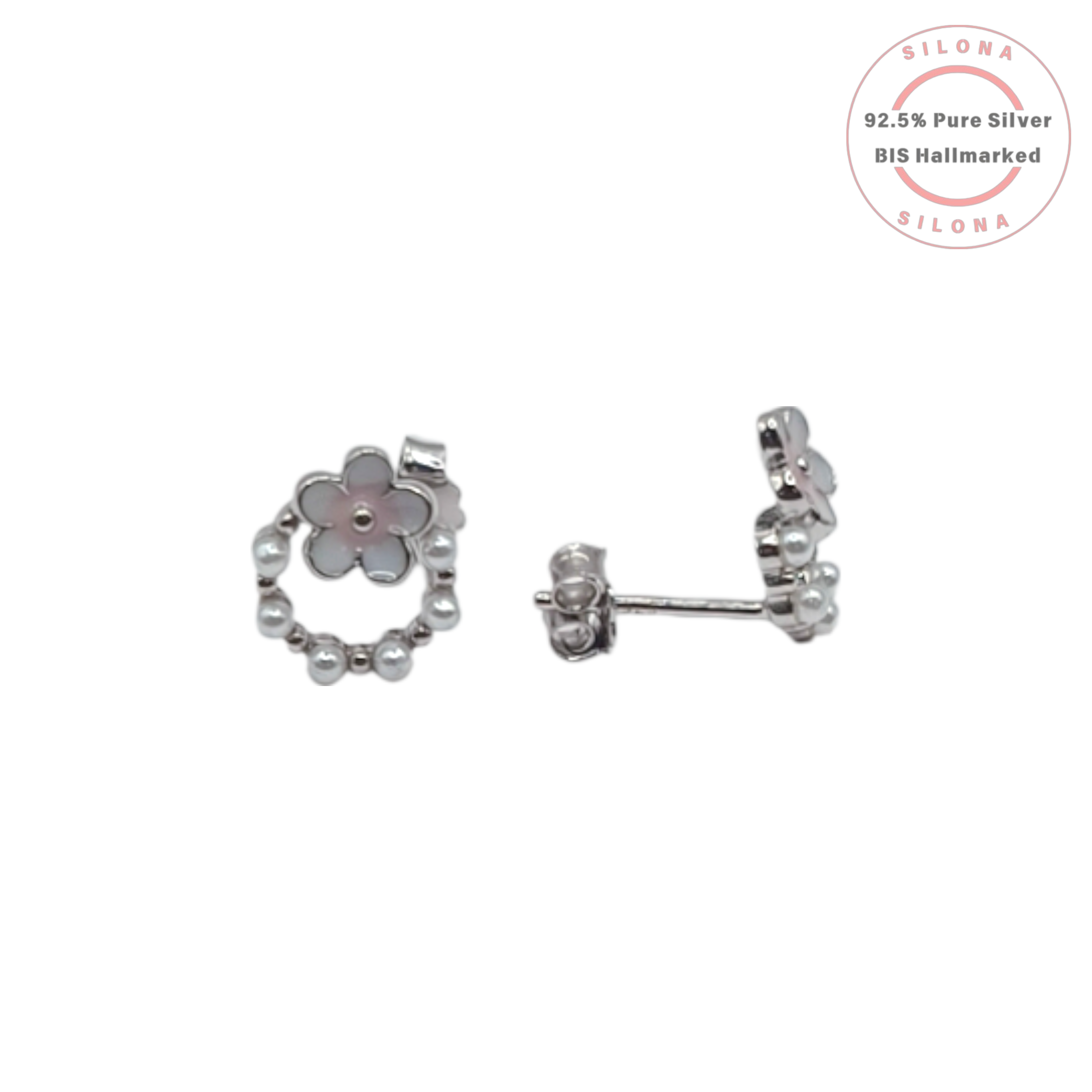 Front view of Silona's Dainty Mother of Pearl Flower Hoop Earrings in 92.5 sterling silver on a white background.