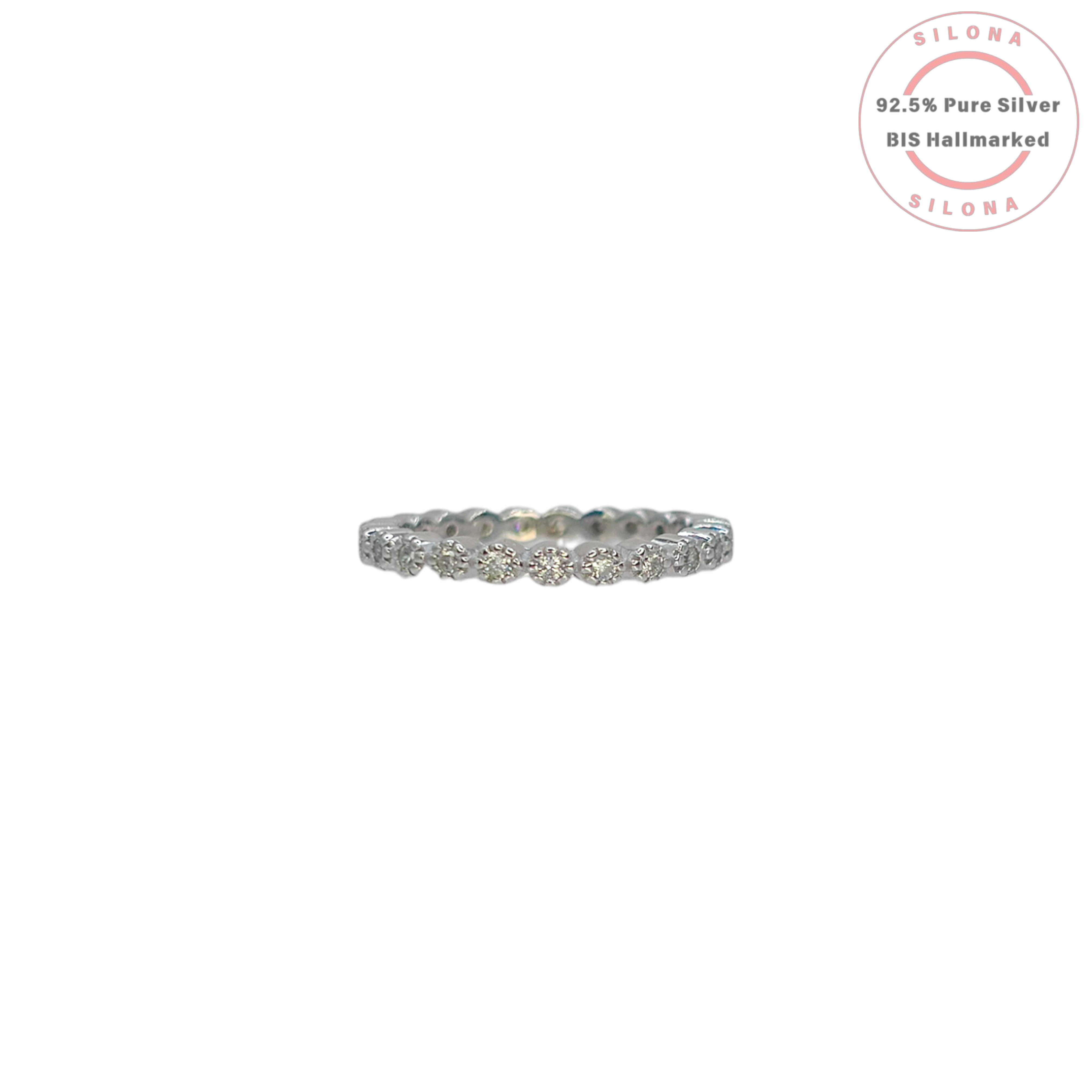 A classic silver eternity ring with round brilliant-cut cubic zirconia stones in a shared prong setting, on a white background.