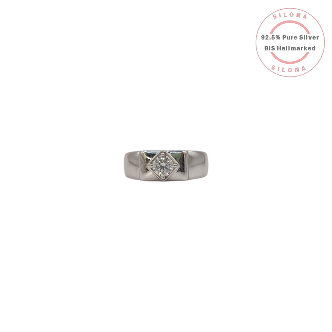 A modern men's solitaire ring crafted from polished 92.5 silver, featuring a central round cubic zirconia in a geometric square setting, on a white background.