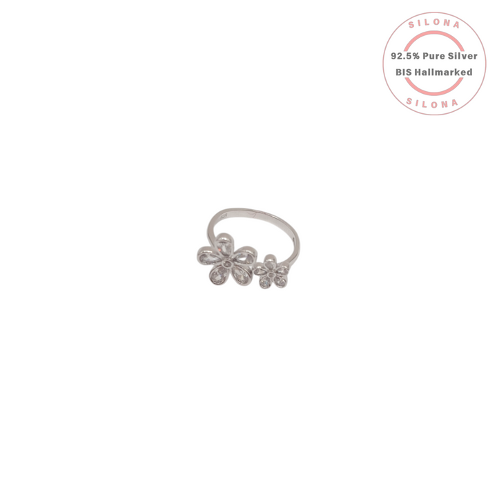 Silona's Sparkling Double Flower Ring in 92.5 sterling silver, featuring two floral motifs studded with clear cubic zirconia on a polished band.