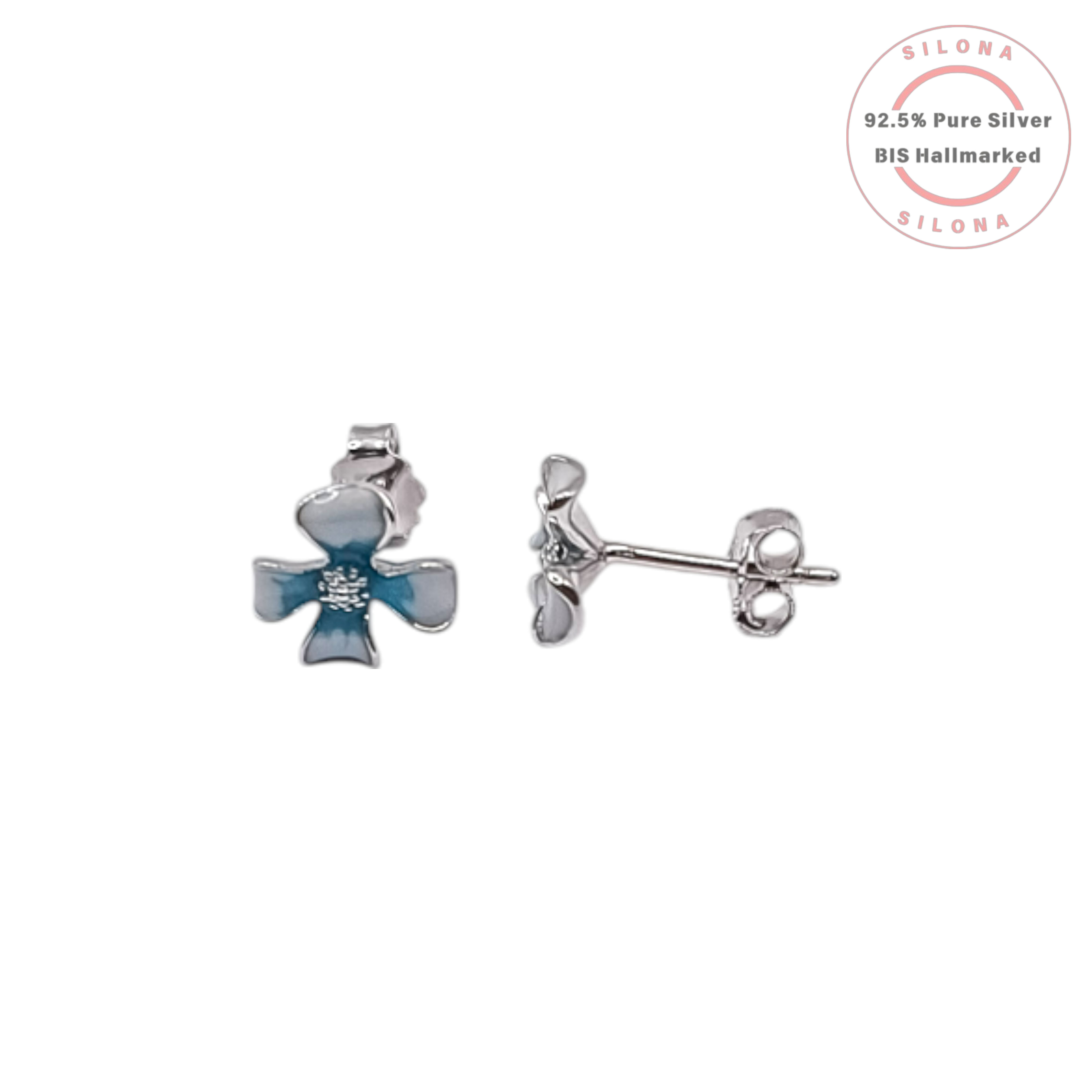 A pair of Azure Clover stud earrings made from 92.5 silver, with two-tone blue enamel petals and a central cubic zirconia cluster, on a white background.