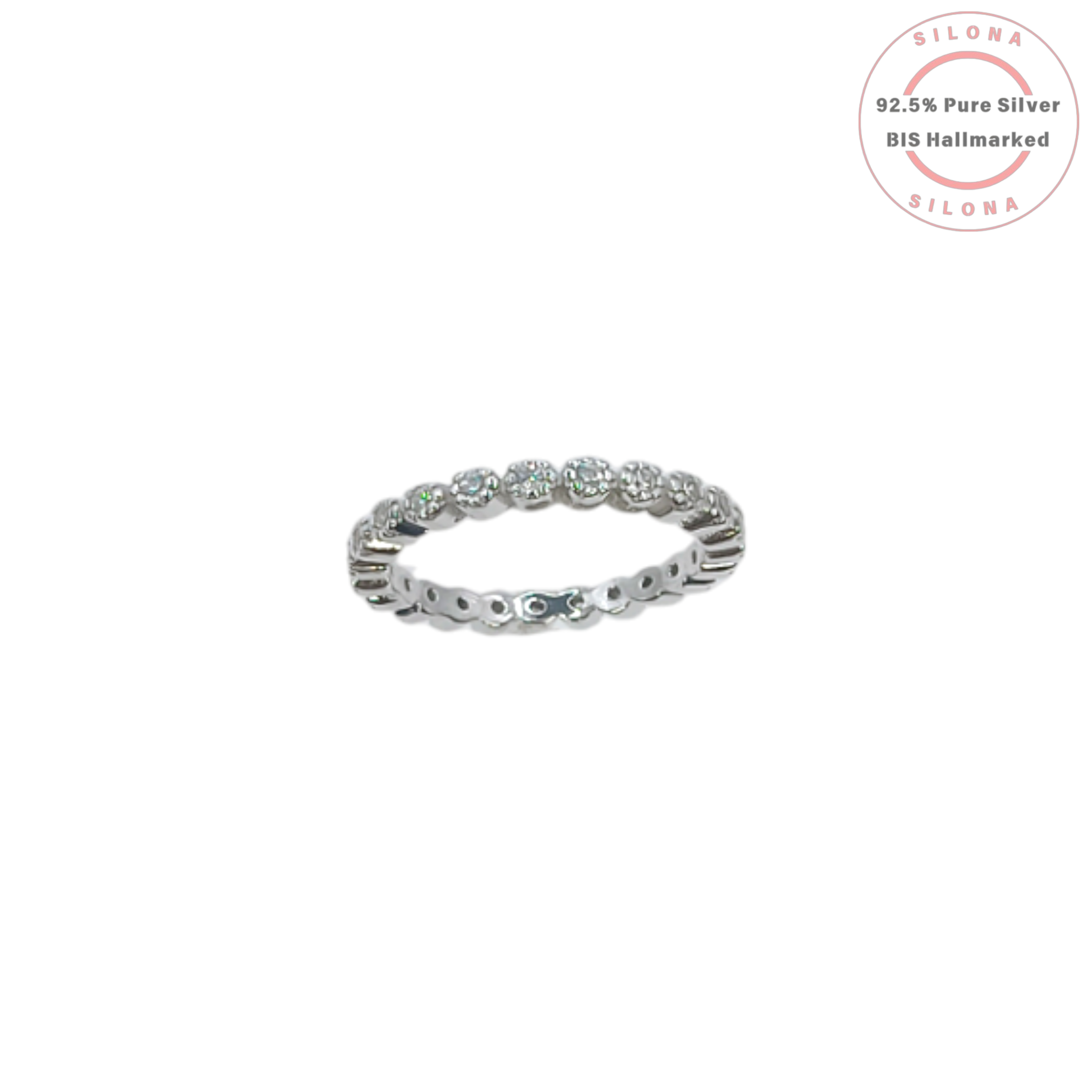 A classic silver eternity ring with round brilliant-cut cubic zirconia stones in a shared prong setting, on a white background.