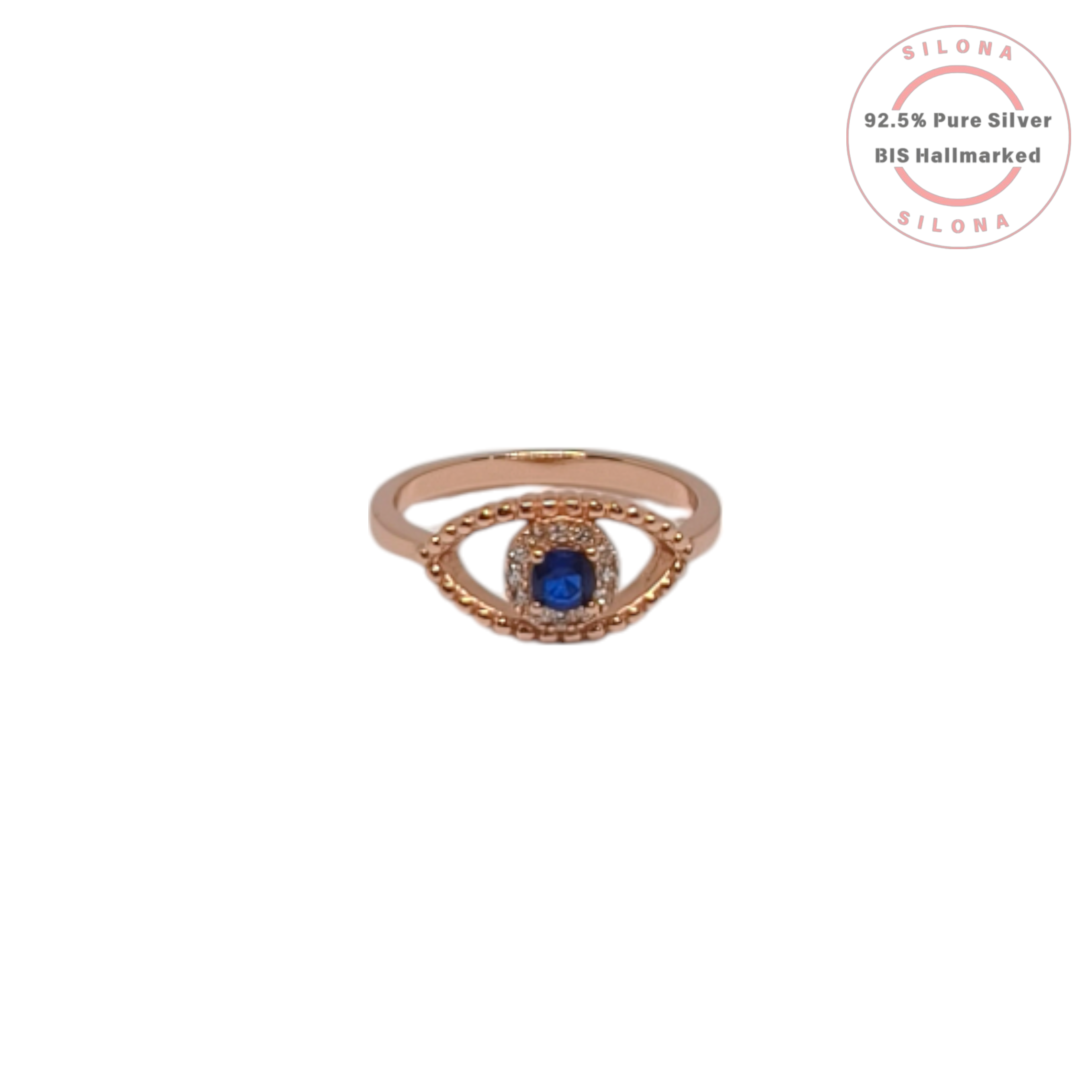 Silona Evil Eye Ring in a rose gold finish, featuring a central blue cubic zirconia with a halo, on a white background.