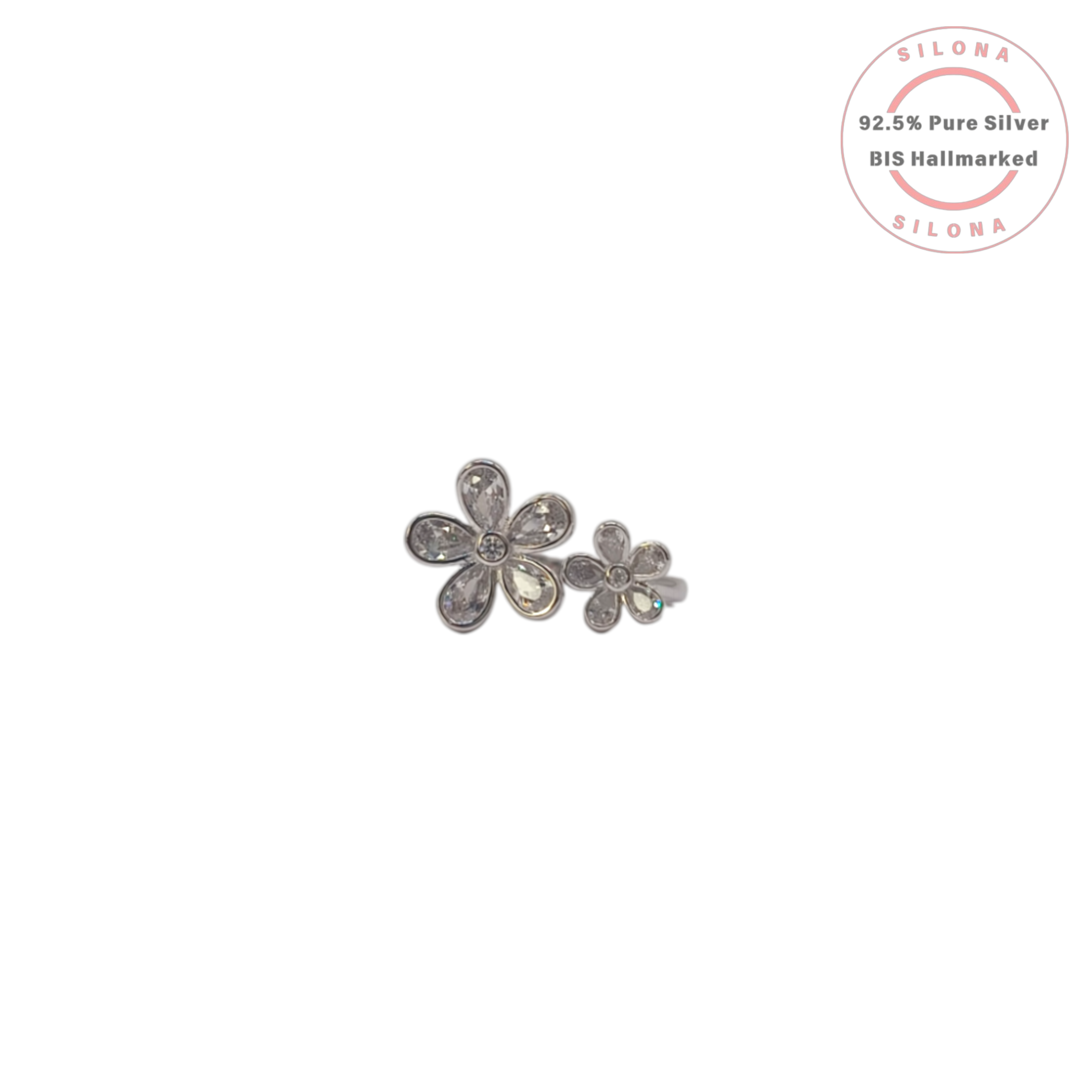 Silona's Sparkling Double Flower Ring in 92.5 sterling silver, featuring two floral motifs studded with clear cubic zirconia on a polished band.