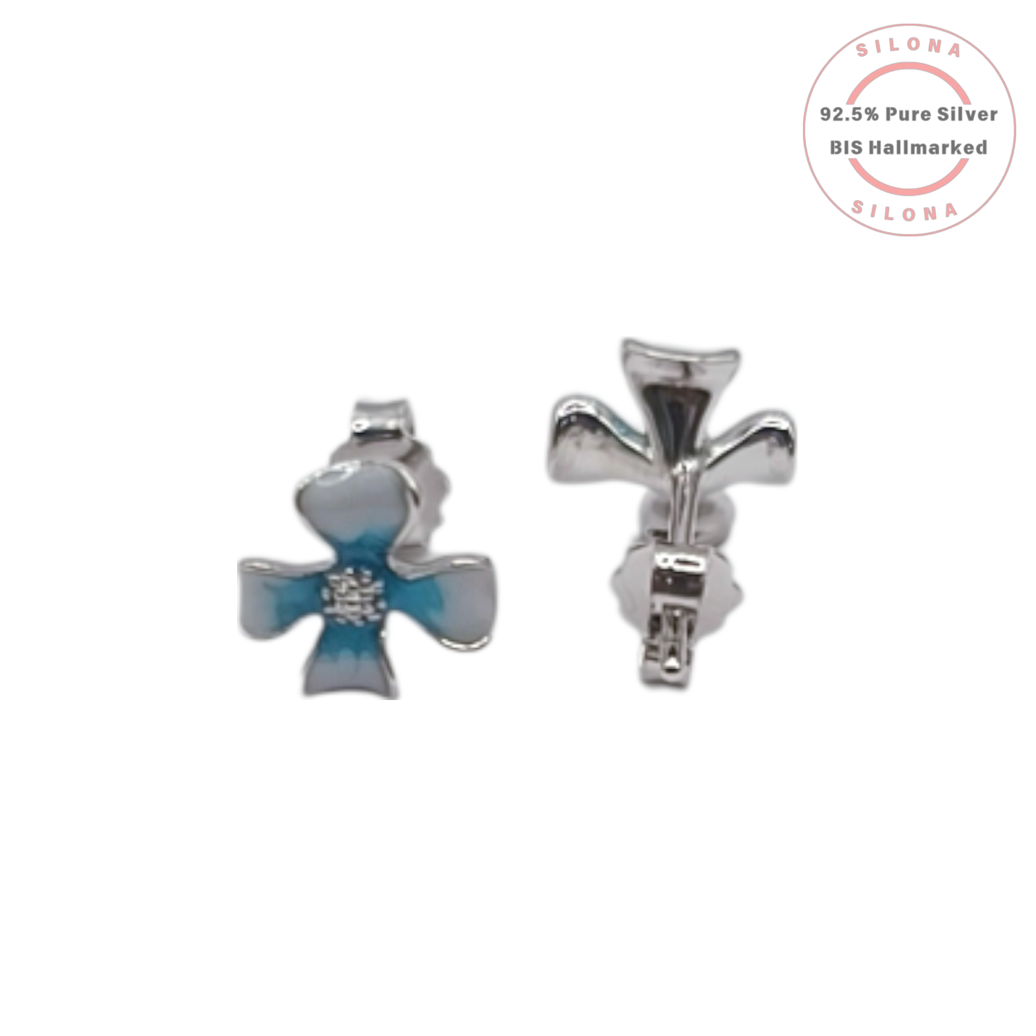 A pair of Azure Clover stud earrings made from 92.5 silver, with two-tone blue enamel petals and a central cubic zirconia cluster, on a white background.