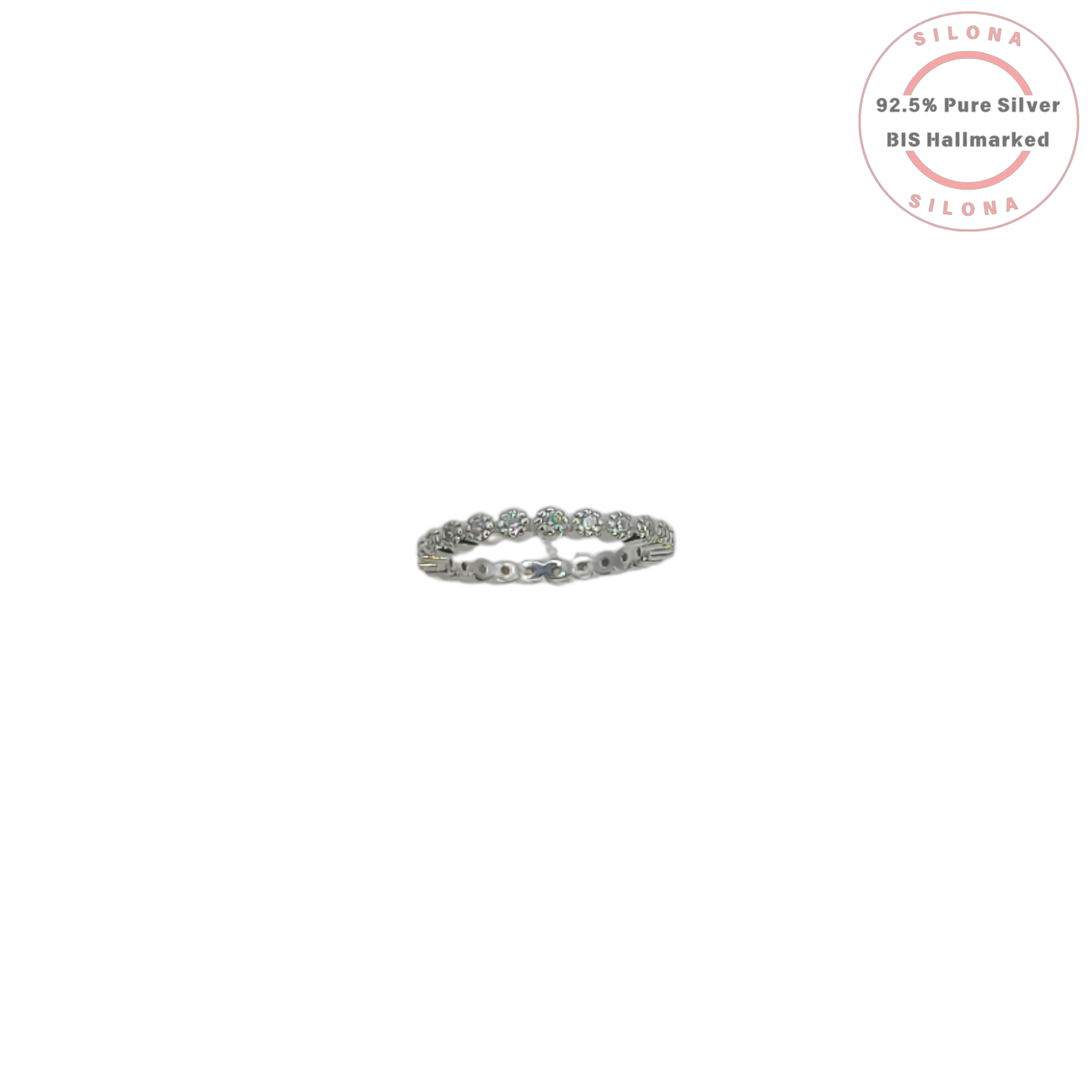 A classic silver eternity ring with round brilliant-cut cubic zirconia stones in a shared prong setting, on a white background.