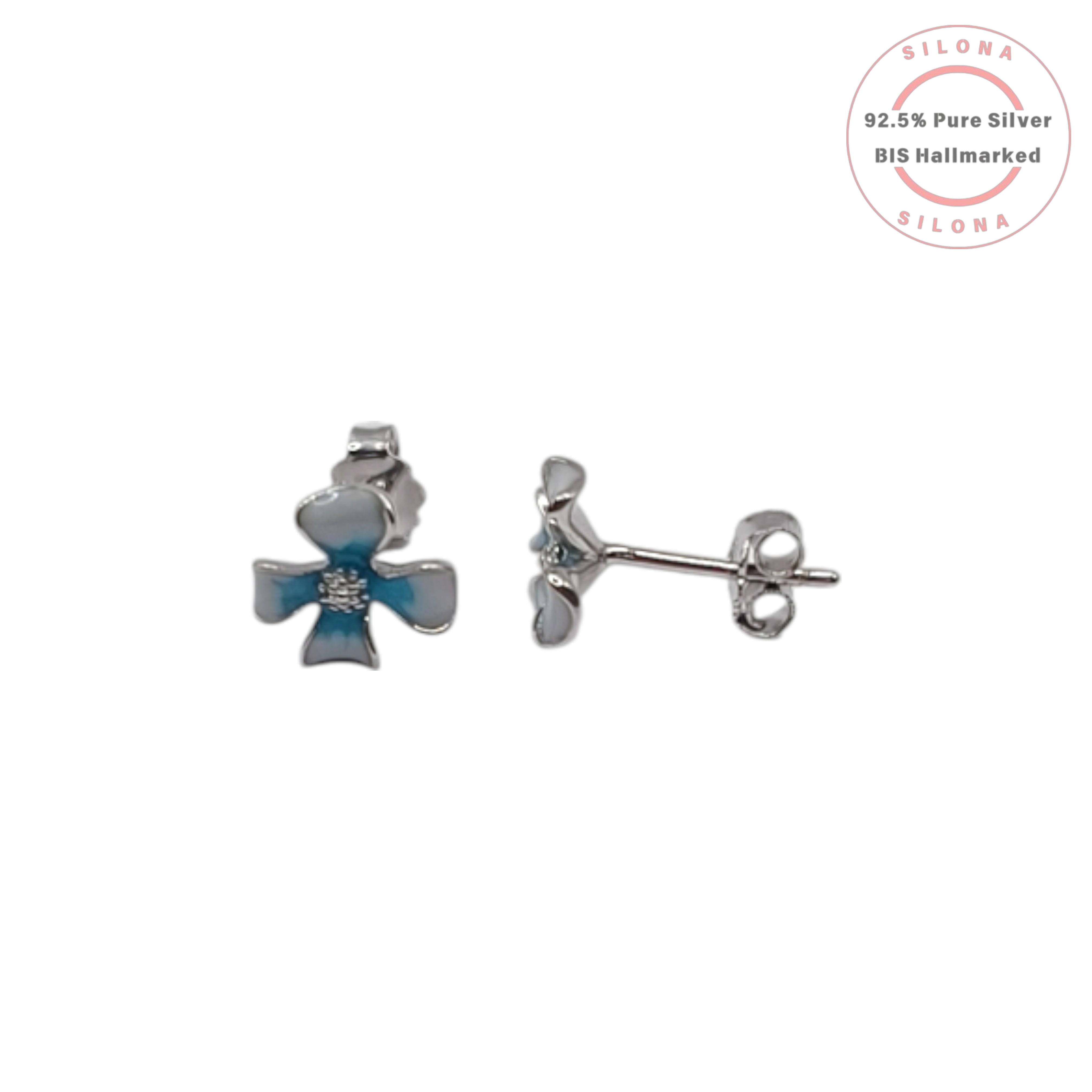 A pair of Azure Clover stud earrings made from 92.5 silver, with two-tone blue enamel petals and a central cubic zirconia cluster, on a white background.