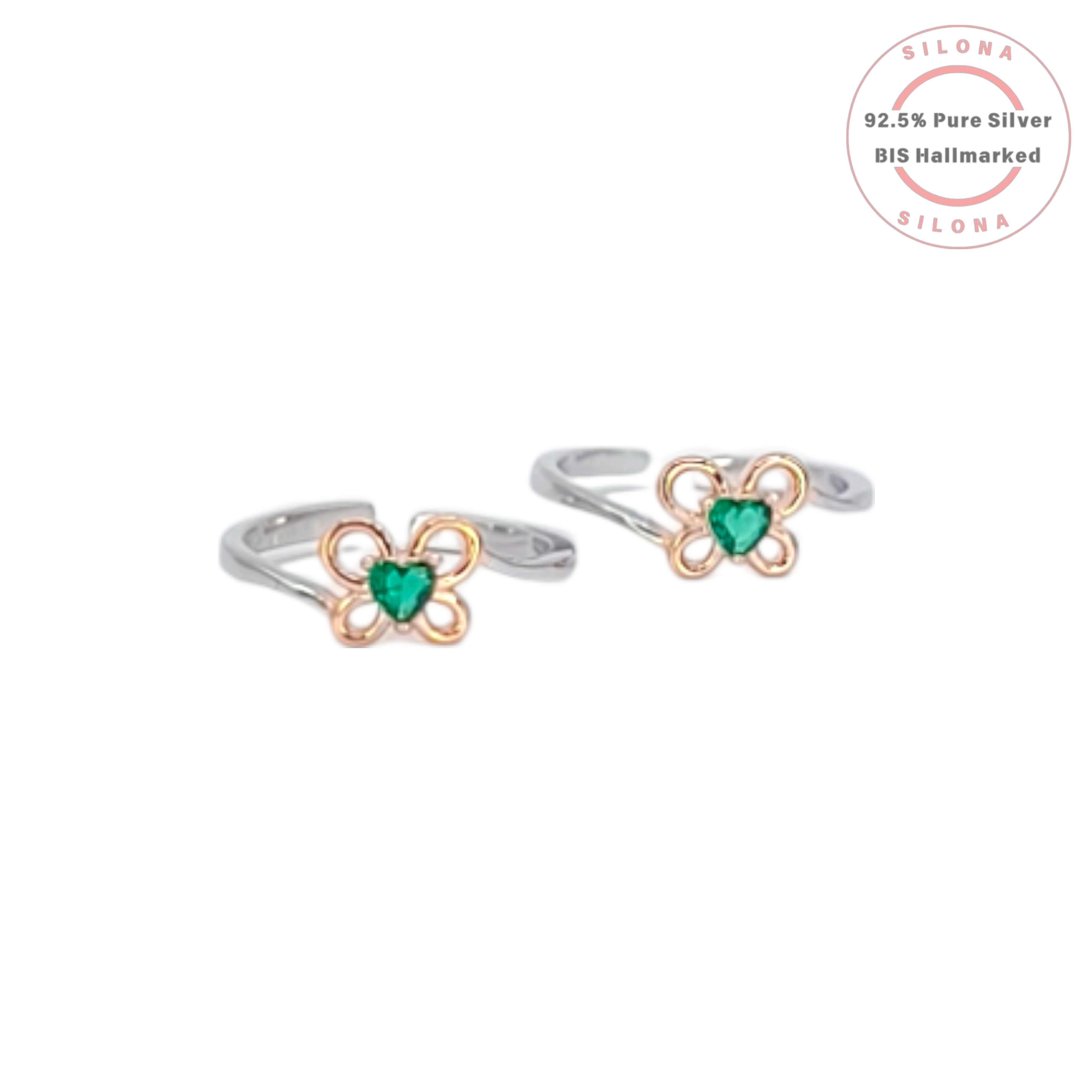 Pair of Silona dual-tone clover toe rings in 92.5 silver with a central emerald green heart-shaped stone, on a white background.