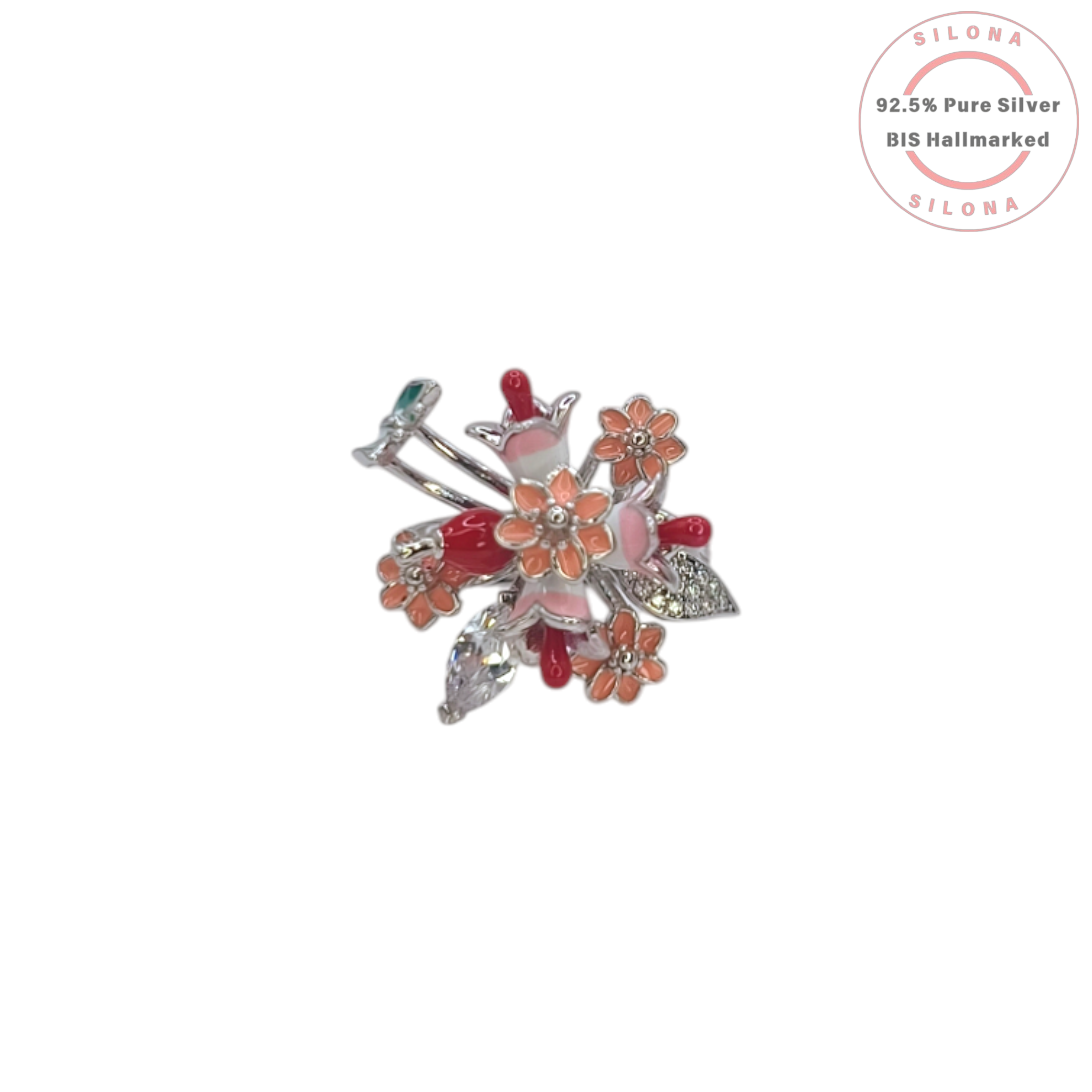 Silona's Enamel Hummingbird & Floral Bouquet Ring in 92.5 silver, featuring pink and coral enamel flowers, a small green bird, and marquise-cut cubic zirconia stones on a white background.