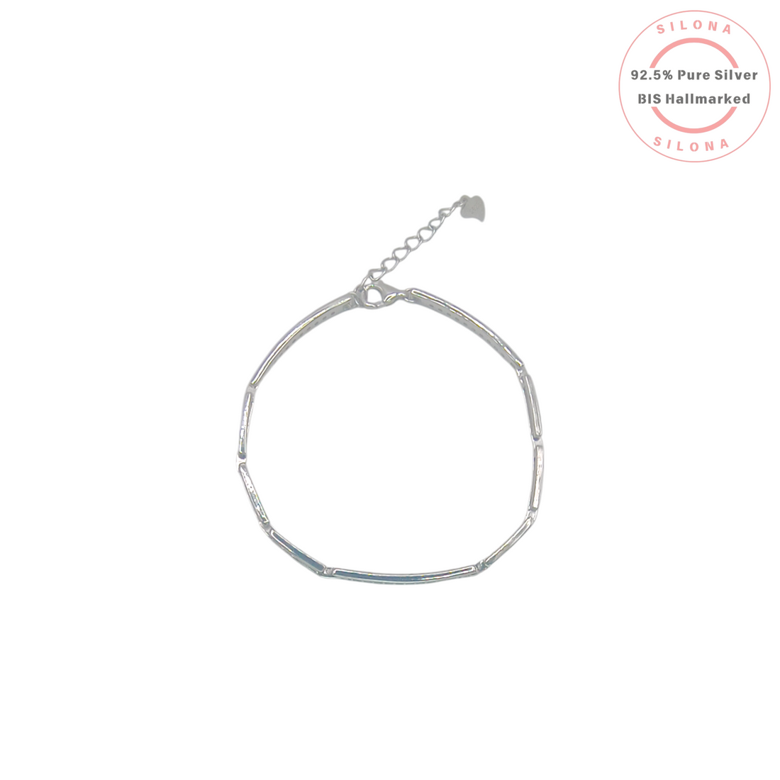 A minimalist silver bar link bracelet with an adjustable clasp, shown on a clean white background.