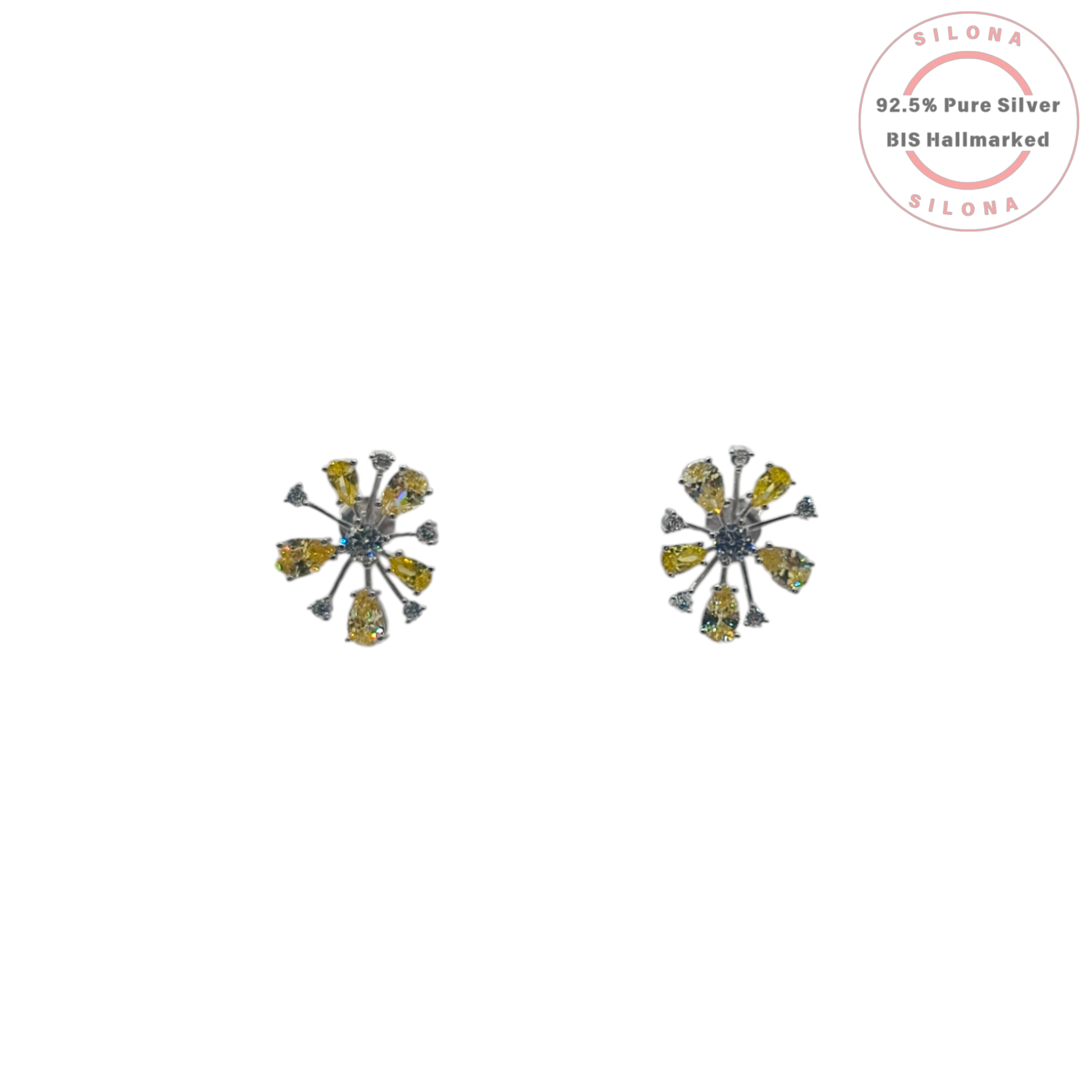 Pair of Silona Sunshine Canary Cluster Stud Earrings with yellow and blue cubic zirconia in 92.5 silver on a white background.
