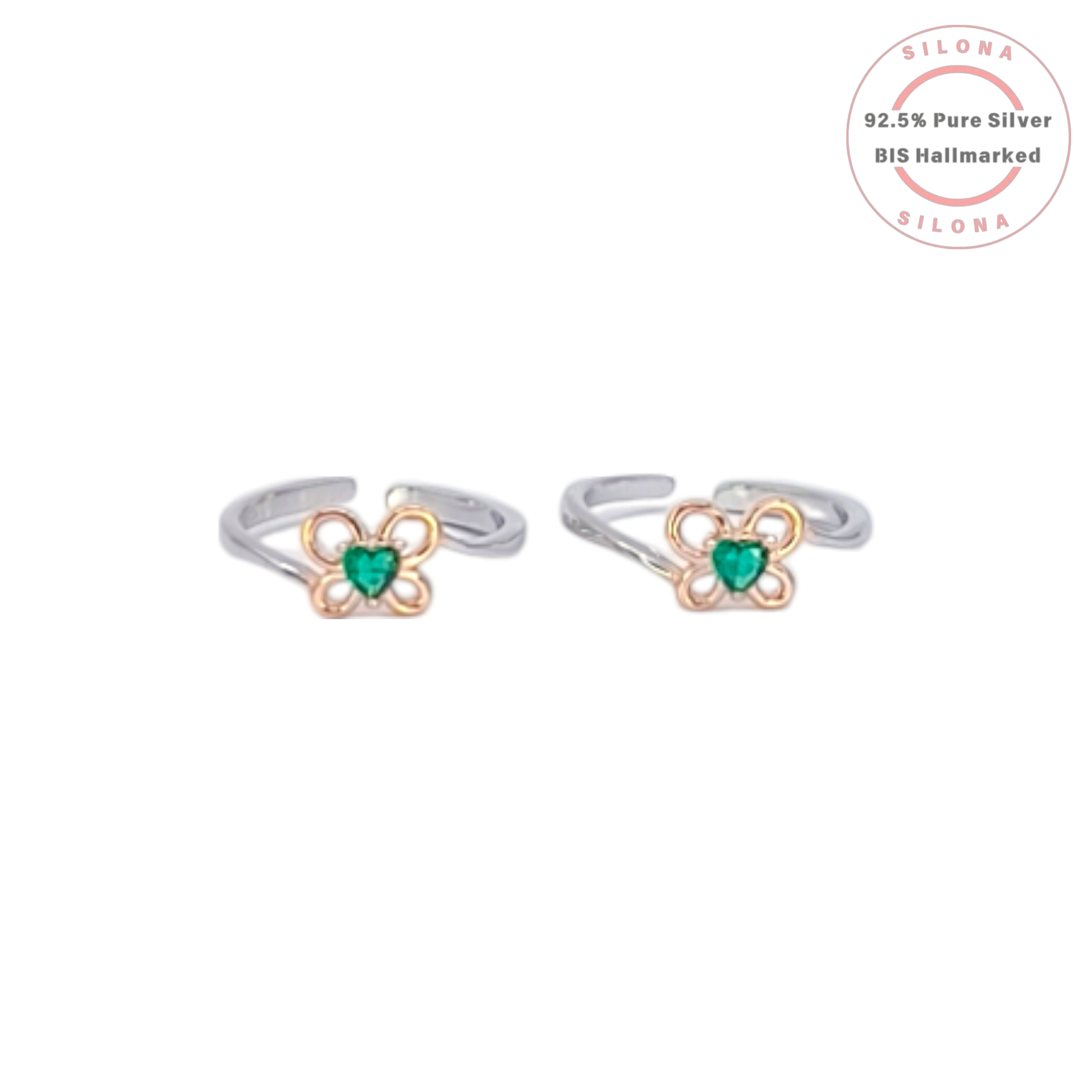 Pair of Silona dual-tone clover toe rings in 92.5 silver with a central emerald green heart-shaped stone, on a white background.