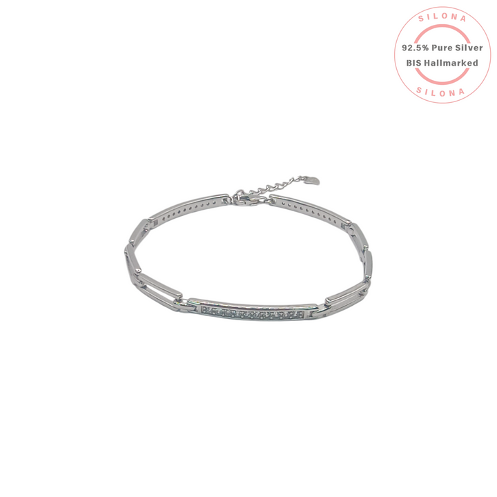 A minimalist silver bar link bracelet with an adjustable clasp, shown on a clean white background.