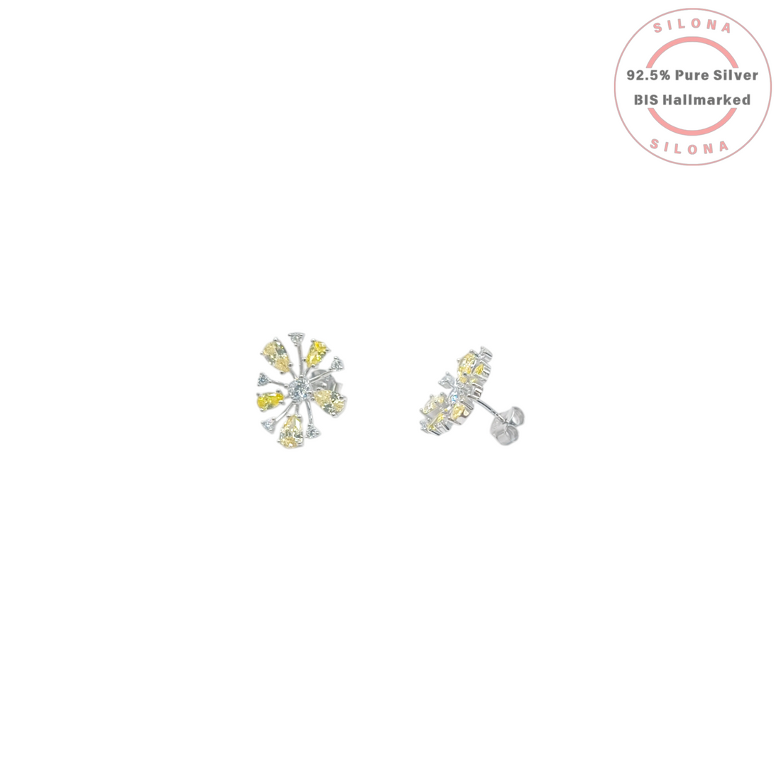 Pair of Silona Sunshine Canary Cluster Stud Earrings with yellow and blue cubic zirconia in 92.5 silver on a white background.