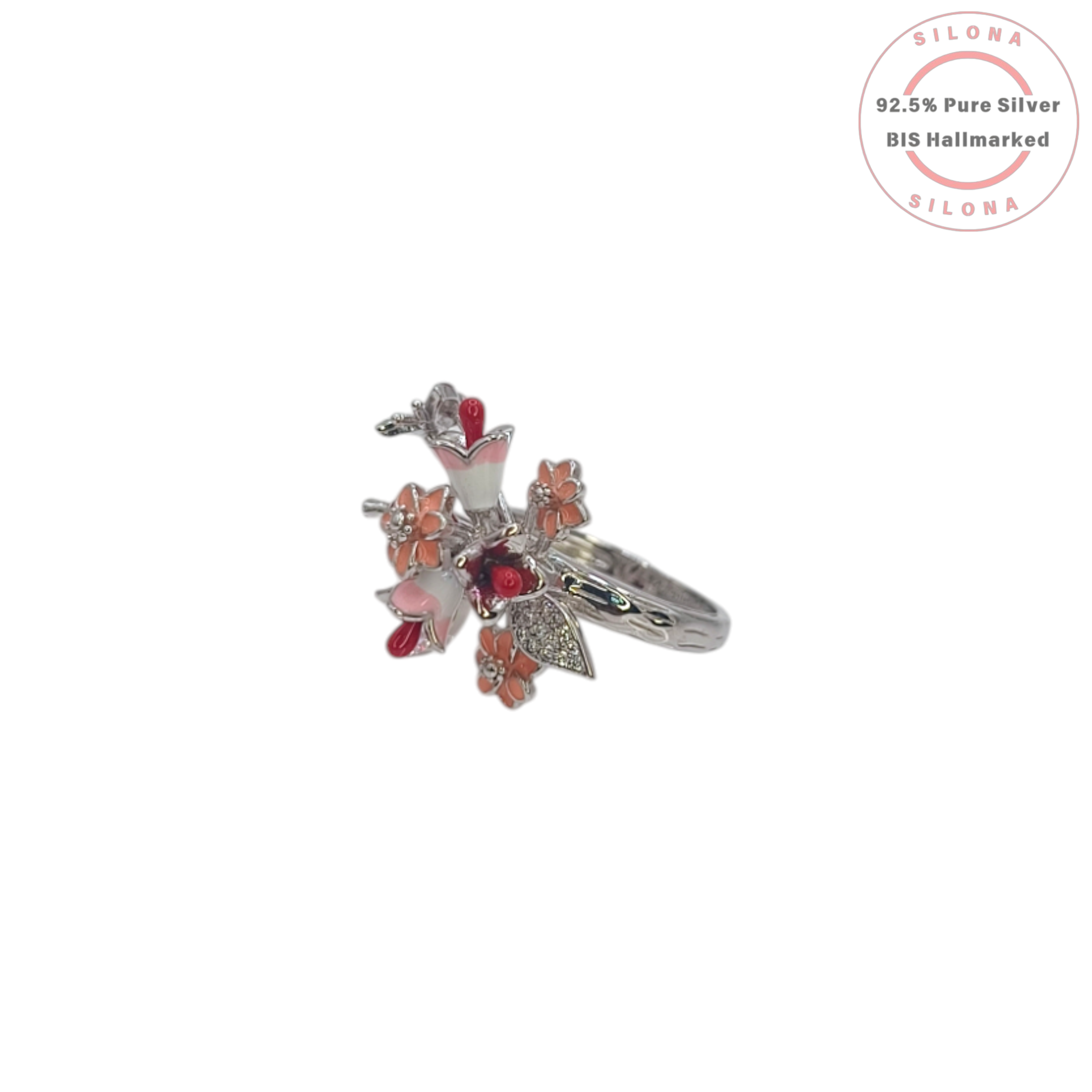 Silona's Enamel Hummingbird & Floral Bouquet Ring in 92.5 silver, featuring pink and coral enamel flowers, a small green bird, and marquise-cut cubic zirconia stones on a white background.