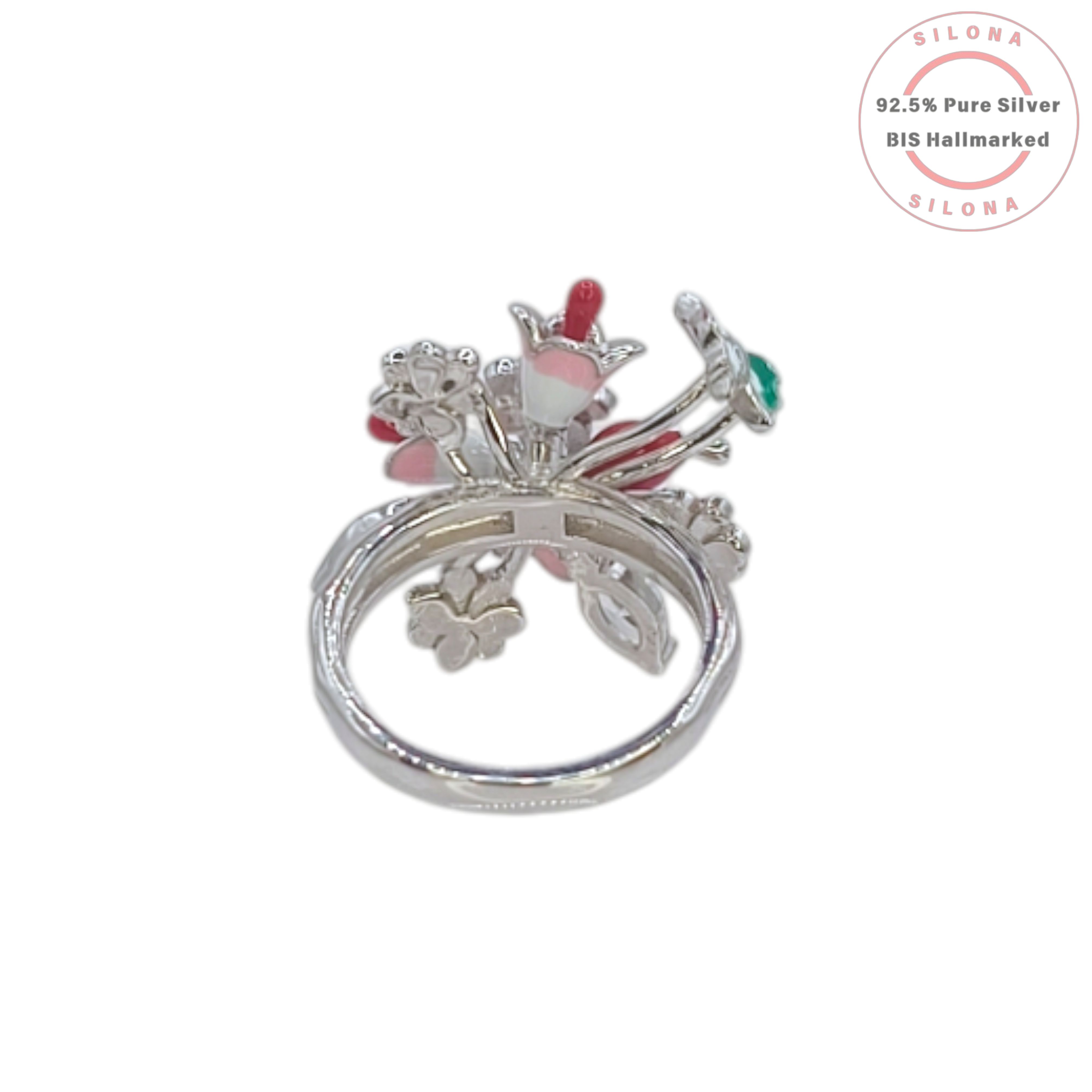 Silona's Enamel Hummingbird & Floral Bouquet Ring in 92.5 silver, featuring pink and coral enamel flowers, a small green bird, and marquise-cut cubic zirconia stones on a white background.