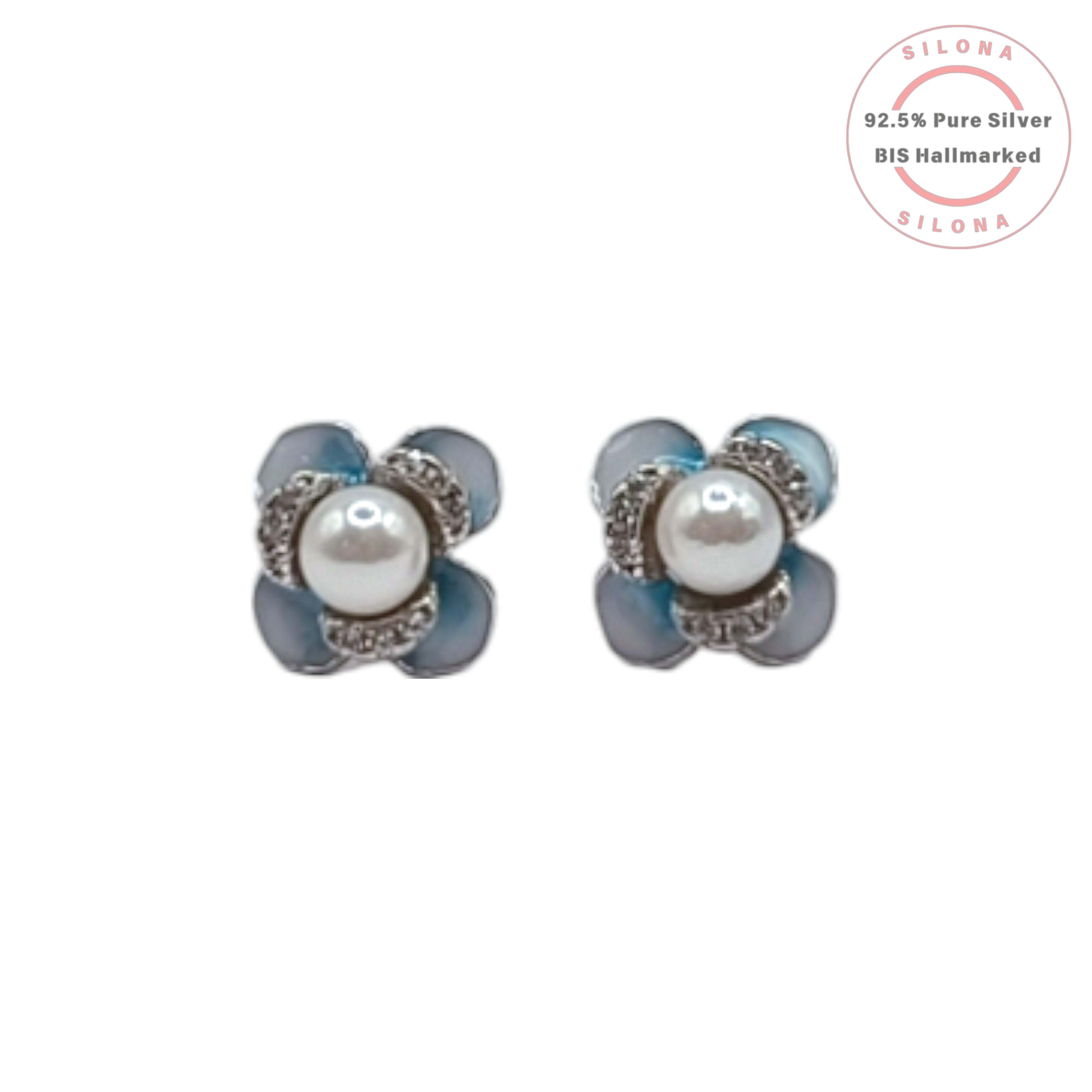 A pair of Silona's Azure Pearl Blossom Studs in 92.5 silver, featuring a central pearl, a halo of cubic zirconia, and powder blue enamel flower petals on a white background.