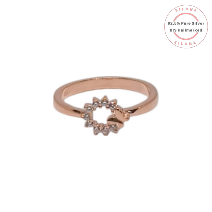 Silona Celestial Sunburst Heart Ring in rose gold plated silver with cubic zirconia, shown on a white background.