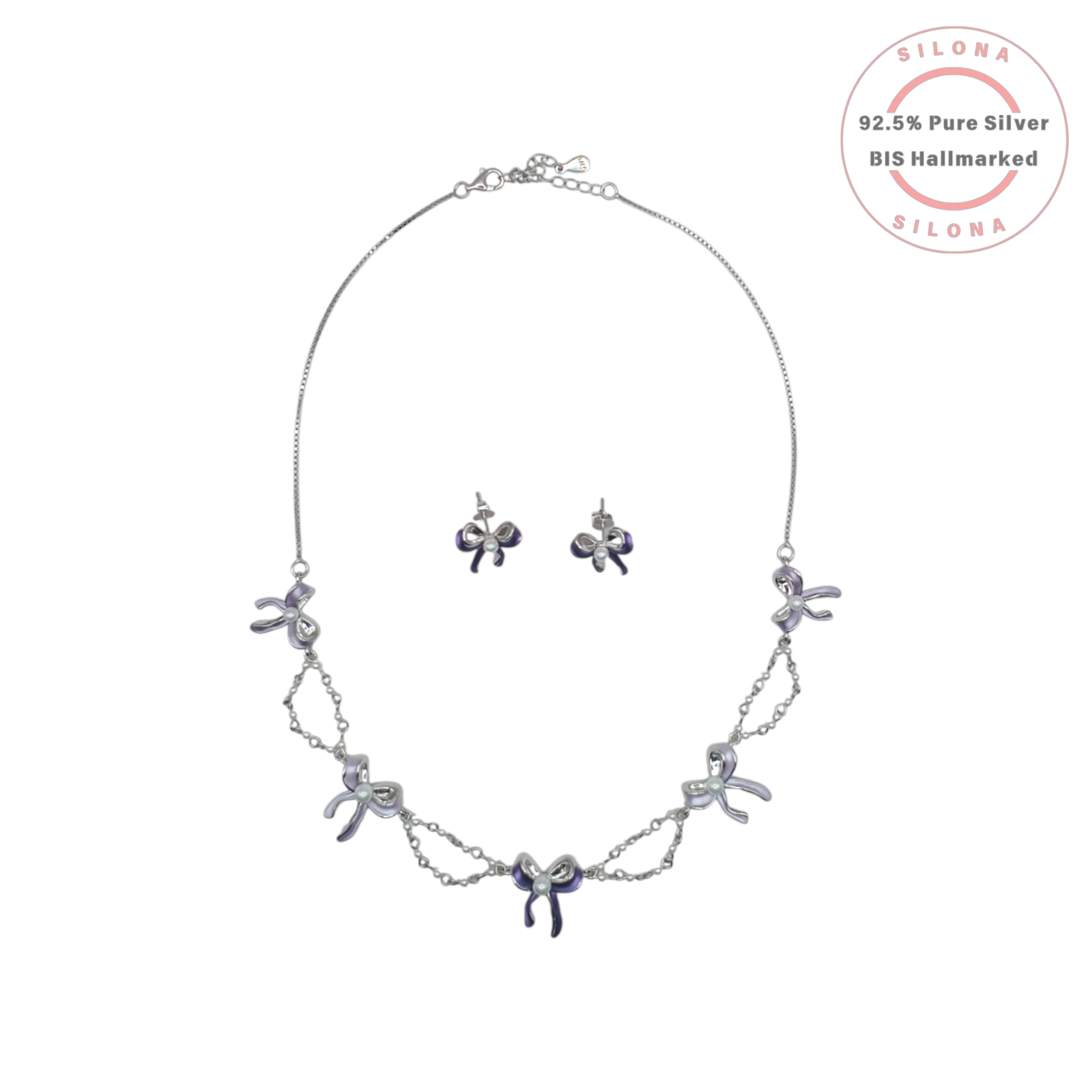 Silona's Chic Purple Bow Necklace and Earring Set in 92.5 Silver, featuring lavender enamel bows with pearl centers, on a white background.