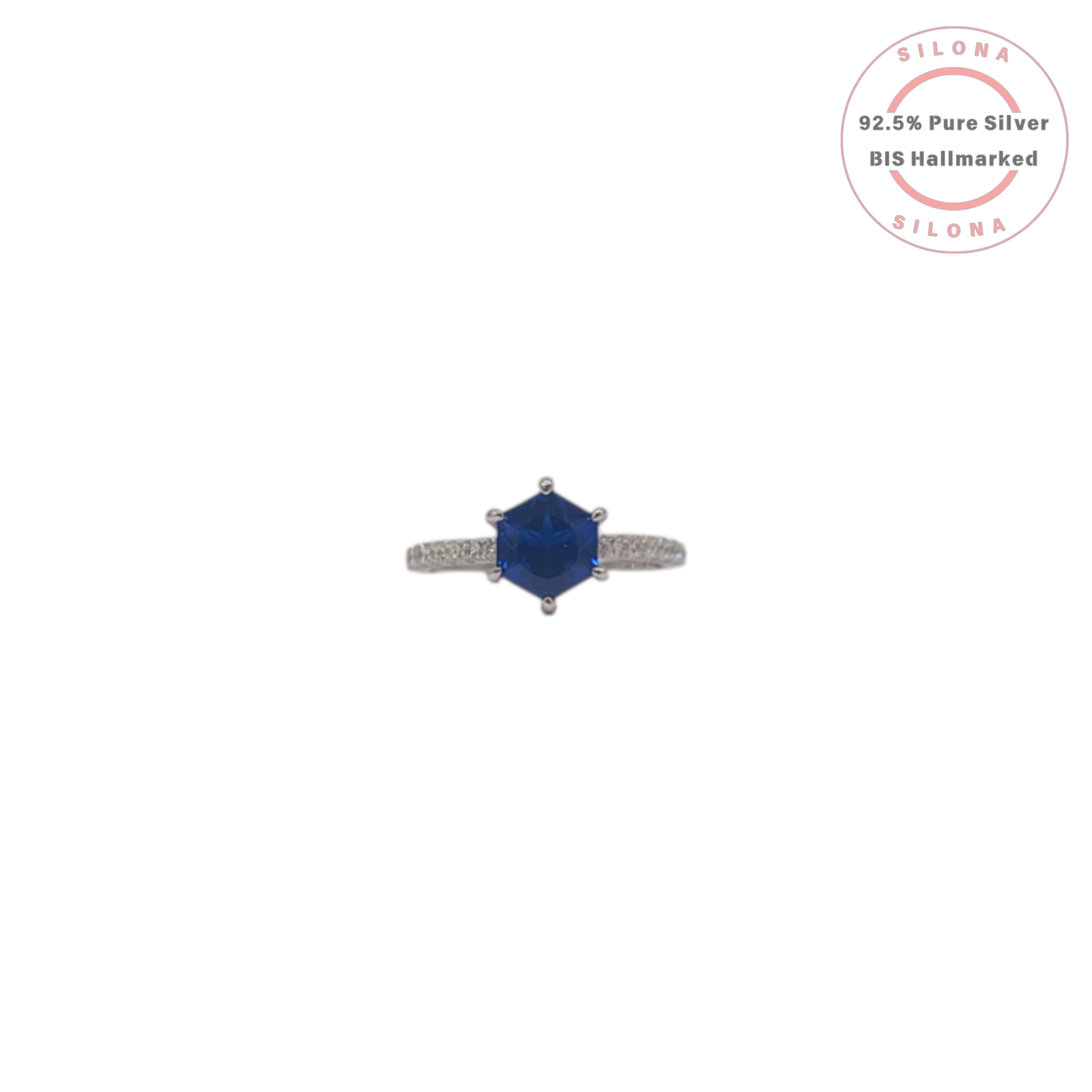Silona Geometric Hexagon Ring with a central sapphire-blue stone on a pavé band, crafted in pure 92.5 silver.