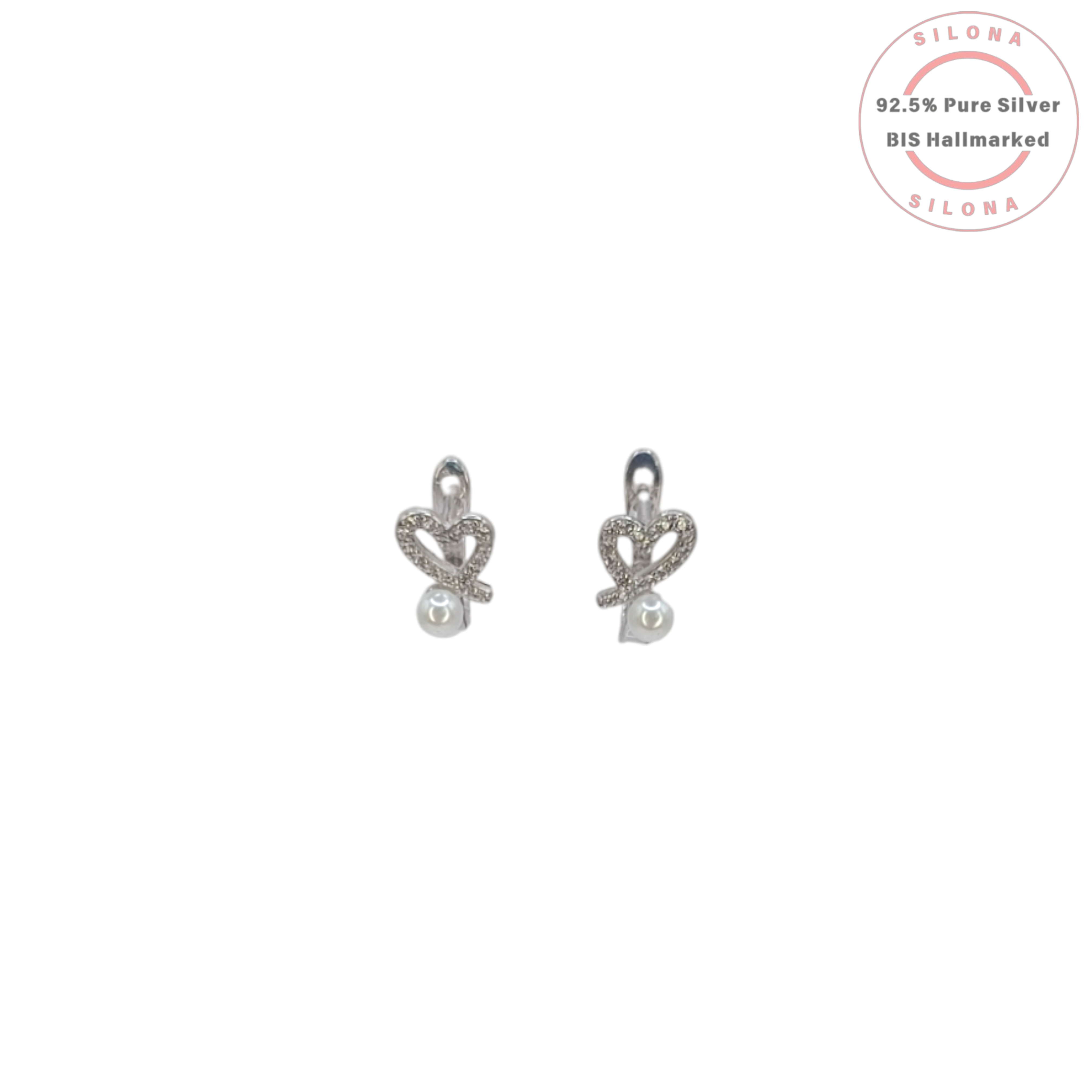 A pair of silver heart-shaped earrings paved with cubic zirconia, each featuring a single dangling pearl, on a clean white background.